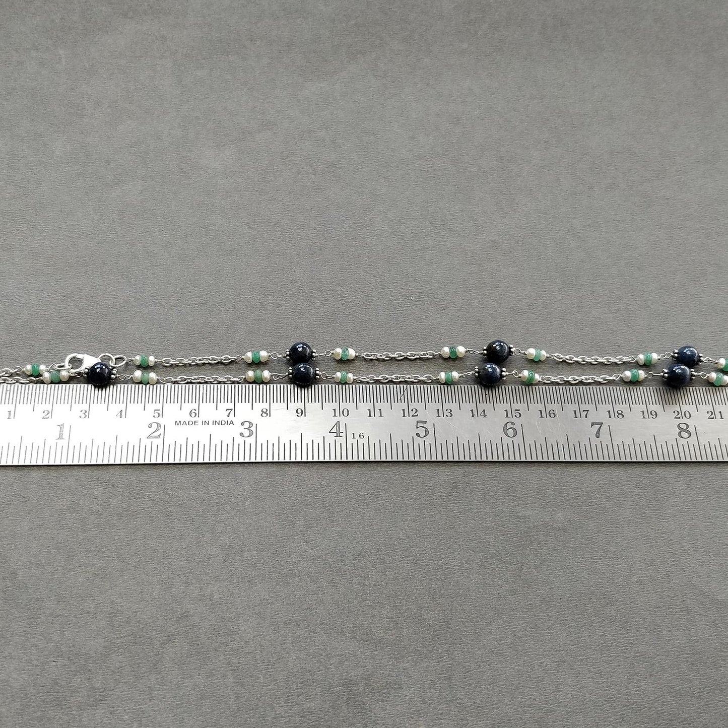 Blue Sapphire Green Emerald And White Pearl Natural Gemstones Round Beads 925 Sterling Silver 10.26gms NECKLACE Chain 18"