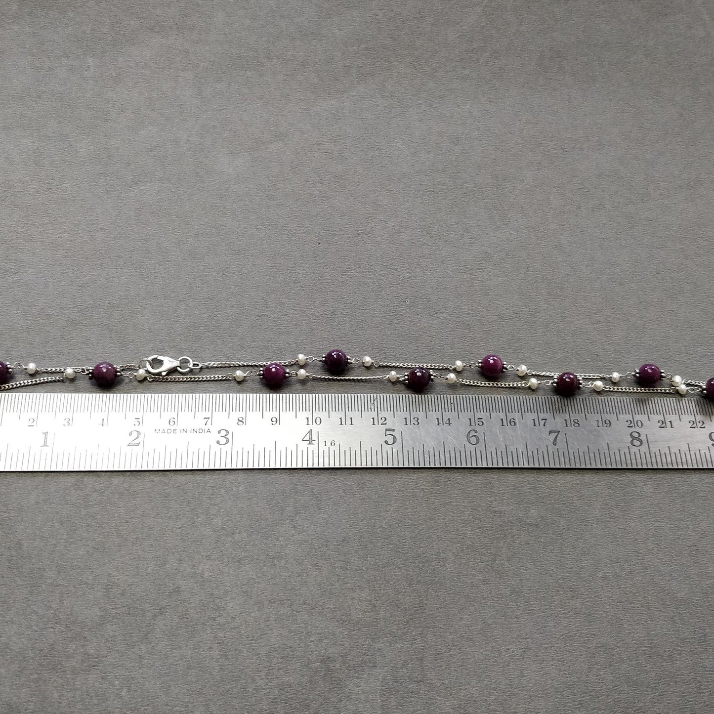 RUBY Gemstone Beaded NECKLACE : 10.52gms Natural Untreated Plain Round Shape Ruby & Pearl With 925 Sterling Silver 19"