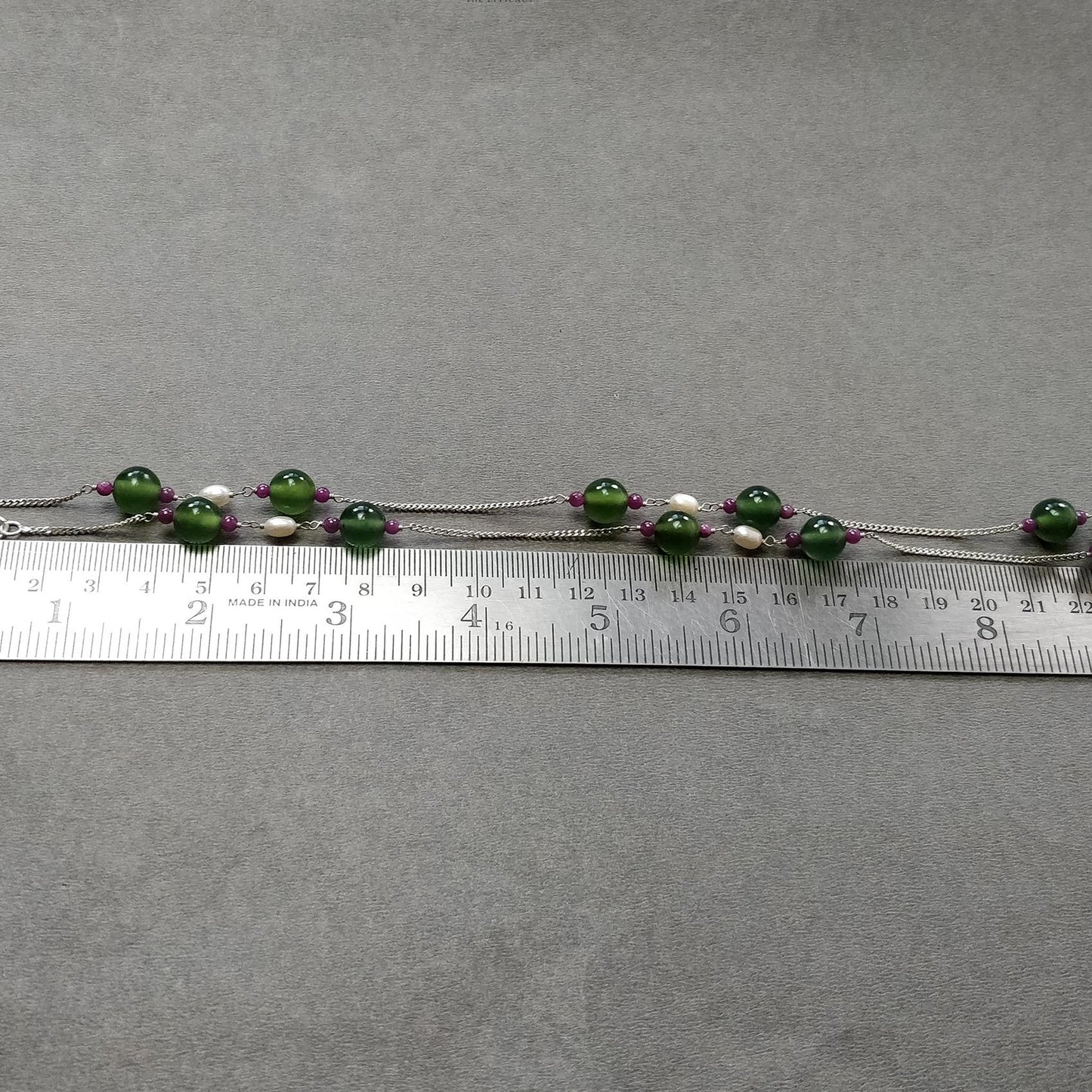 Green Serpentine & White Pearl Gemstones Beads Chain NECKLACE : 13.71gms 925 Sterling Silver Natural Plain Round Beaded Necklace 18"