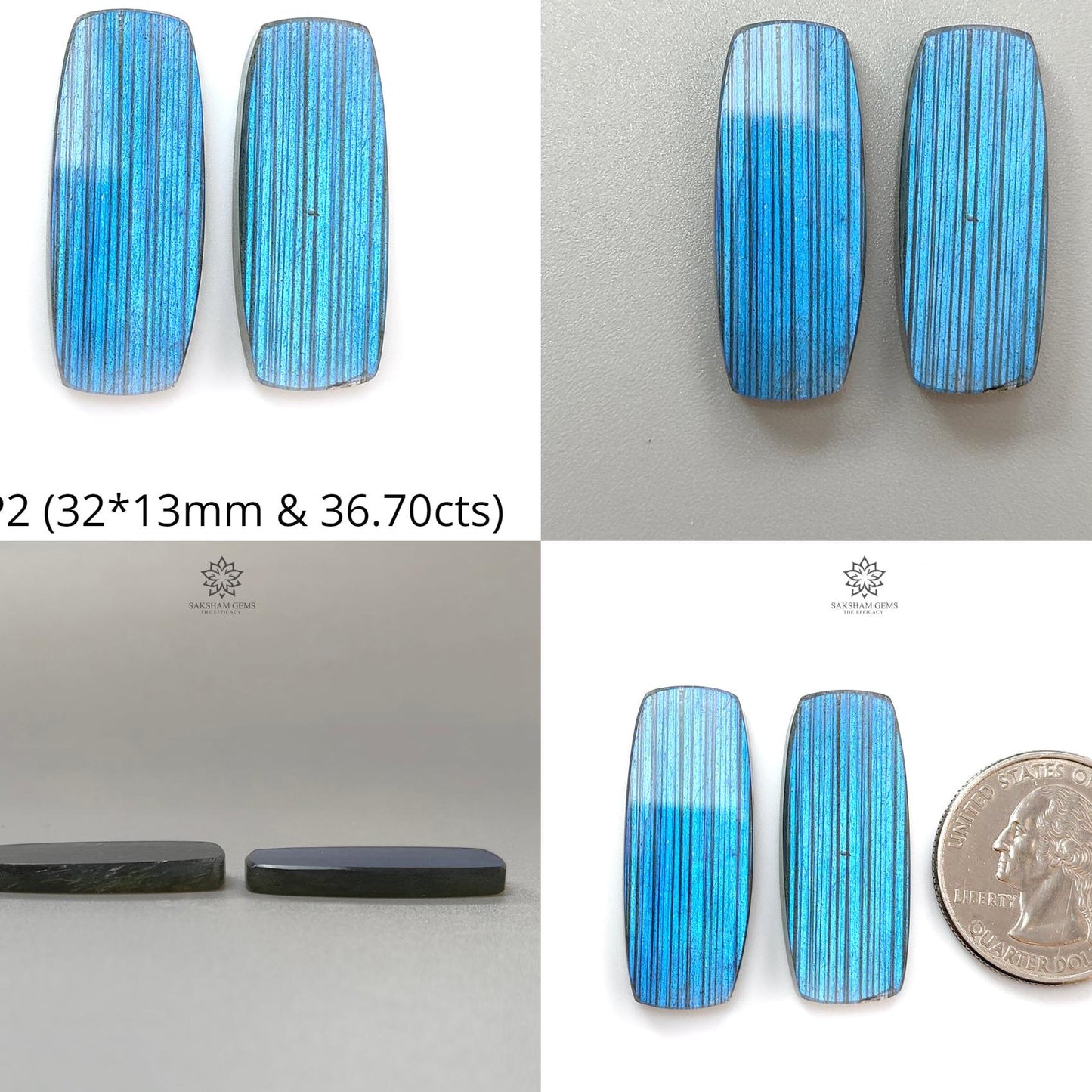 Rainbow Flashing Labradorite Gemstone Flat Slices: Natural Untreated Blue Labradorite Baguette Shape Pair For Jewelry