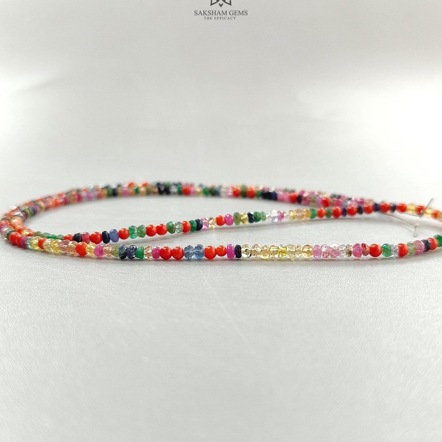 Natural Precious Gemstone NAVRATNA Multi Sapphire Round Pearl Coral Hessonite Emerald Ruby 30.20cts, 2.5mm - 3mm 17.5" Faceted Loose Beads