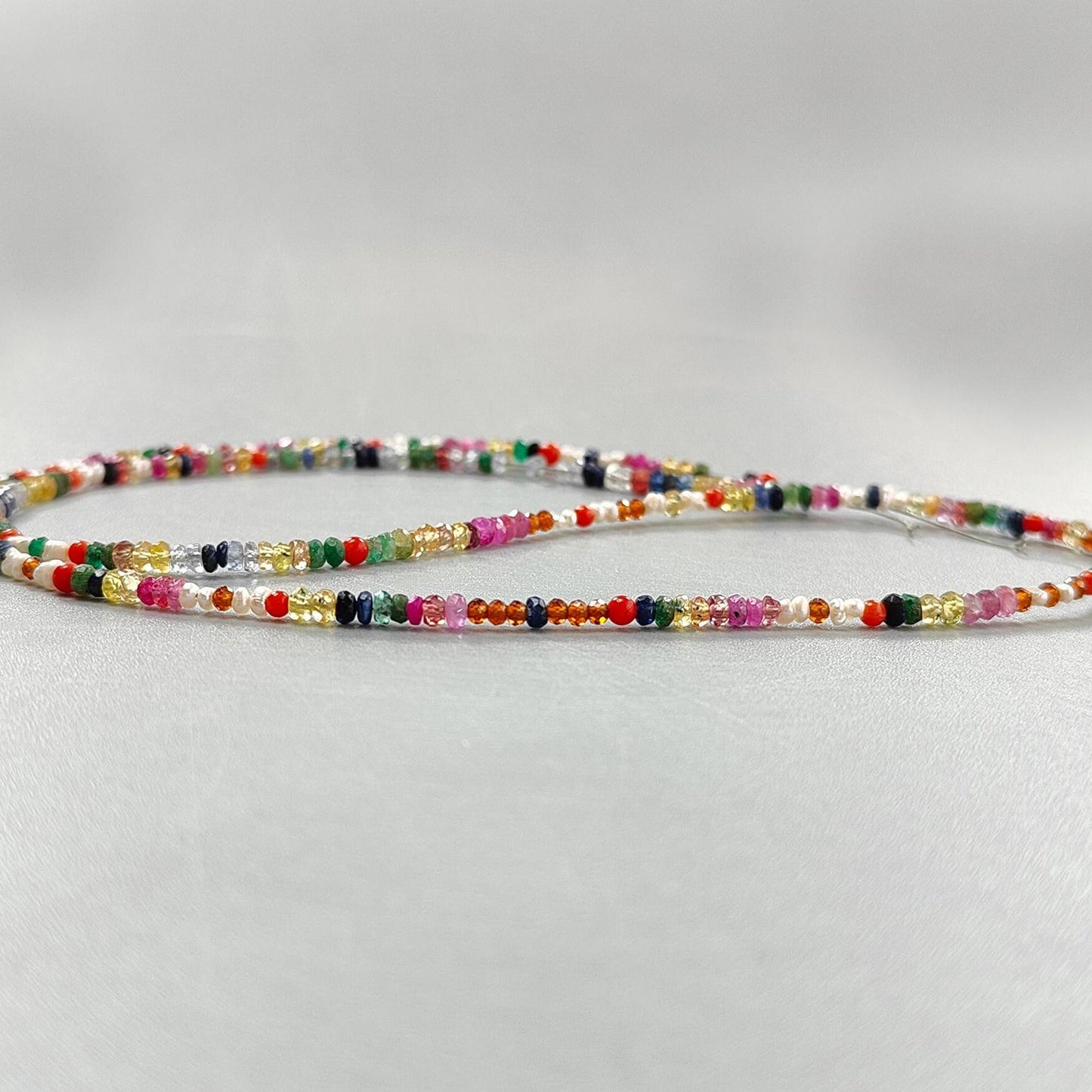 Natural Precious Gemstone NAVRATNA Multi Sapphire Round Pearl Coral Hessonite Emerald Ruby 28.10cts, 2.5mm - 3mm 18" Faceted Loose Beads