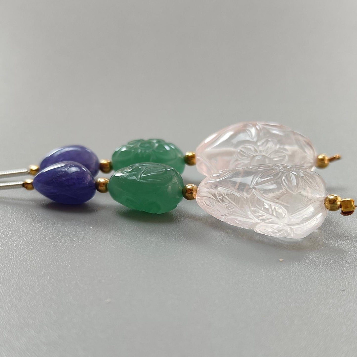 Rose Green Quartz & Blue Tanzanite Loose Beads: 97.70cts Natural Quartz Gemstone Hand Carved Oval Fancy Shape Brass Beads 12*9mm - 24*16mm