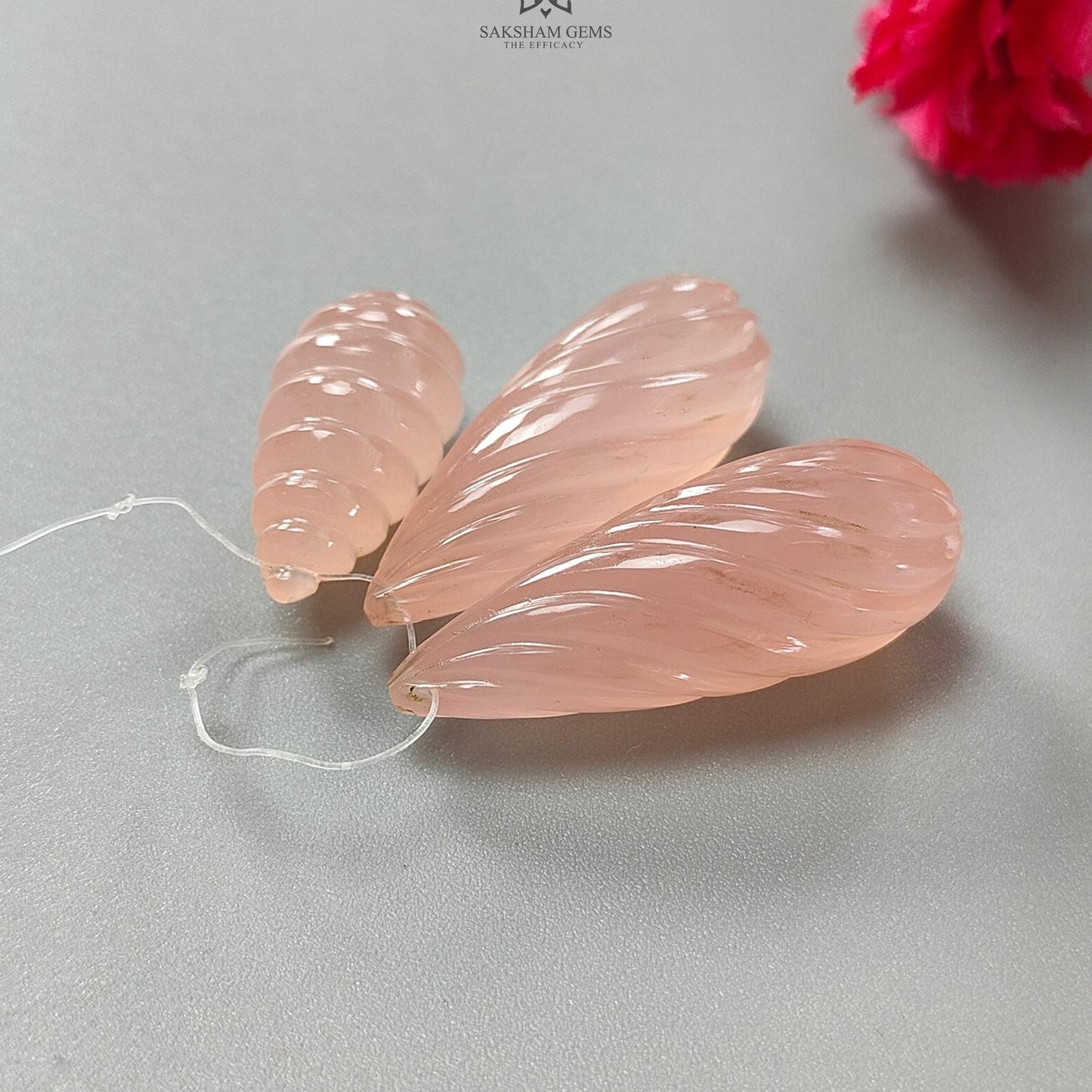 Peach Onyx Teardrops Carving: 68.70cts Natural Onyx Gemstone Hand Carved Drilled Beads 21mm - 33mm 3pcs Set