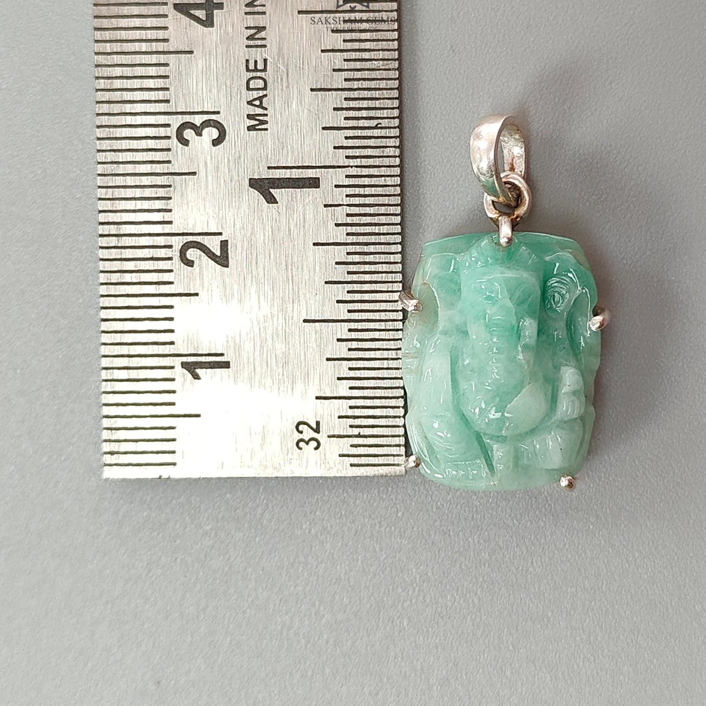 Emerald Ganesha Carving Silver Pendant: 6gms Natural Untreated Green Emerald Lord Ganesha Idol 925 Sterling Silver Prong Set Pendant 1.25"