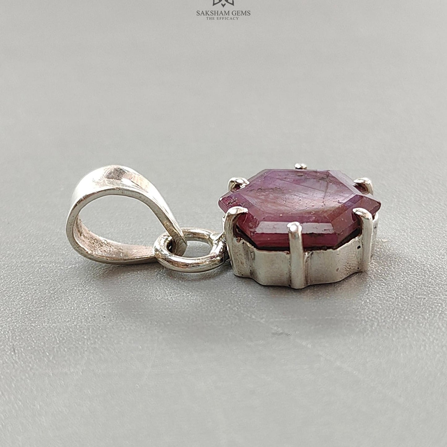 Raspberry Sheen Pink Sapphire Faceted Silver Pendant: 2.81gms Natural Untreated Sapphire Hexagon 925 Sterling Silver Prong Set 1" Pendant
