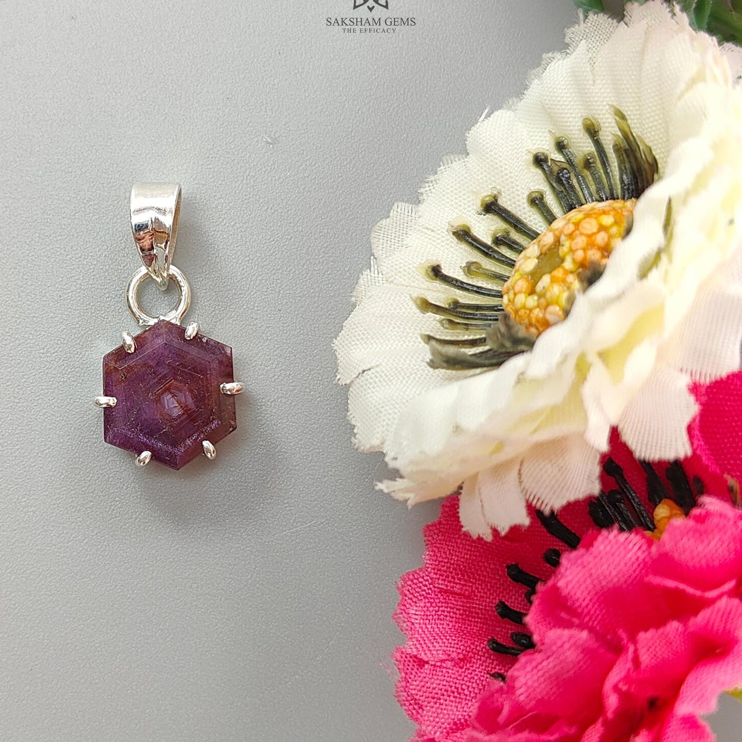 Raspberry Sheen Purple Sapphire Faceted Silver Pendant: 3.00gms Natural Untreated Sapphire Hexagon 925 Sterling Silver Prong Set 1" Pendant