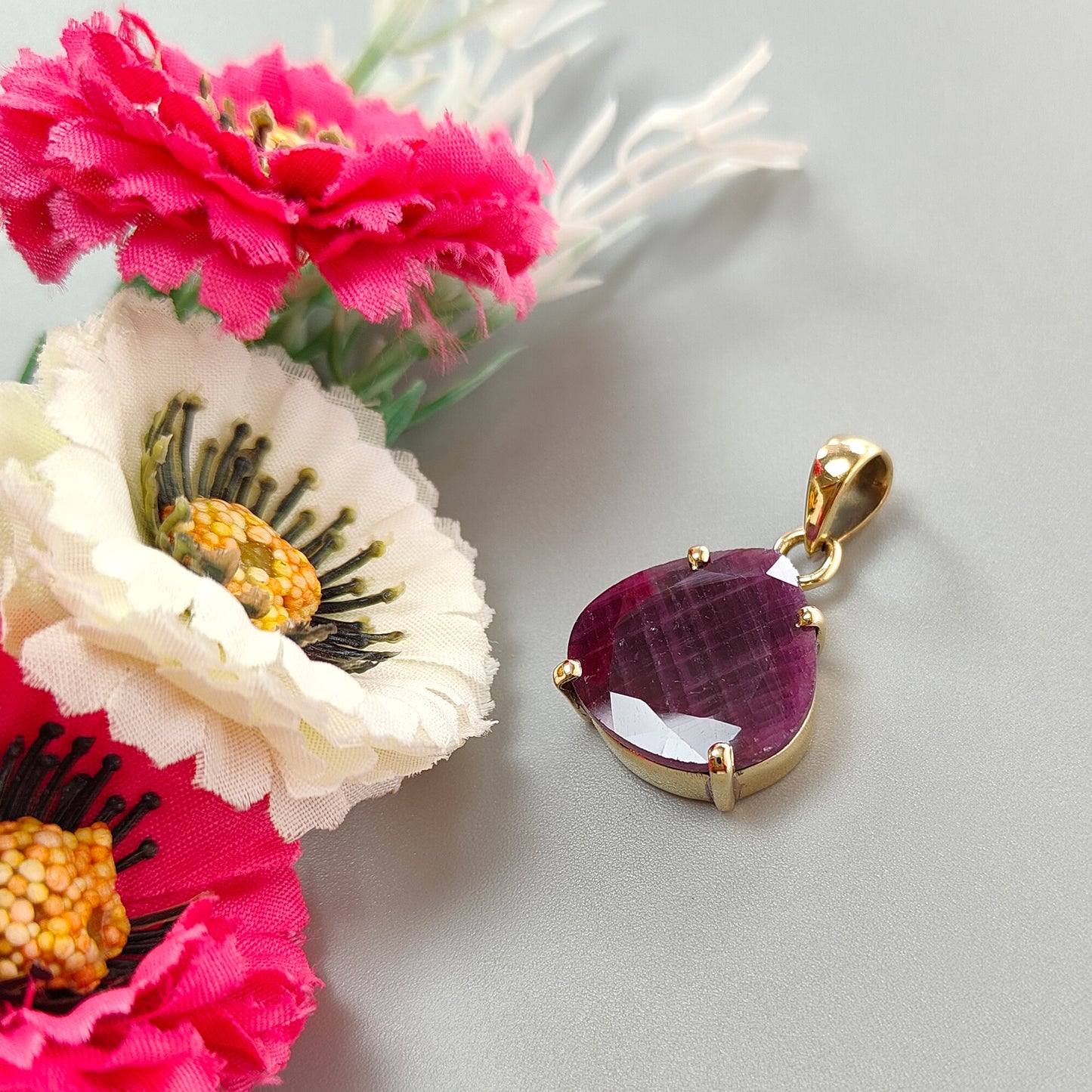 Red Ruby Faceted Cut Pendant: 7.19gms Natural Untreated Ruby Heart Shape Faceted Brass Prong Set Pendant 1.25"