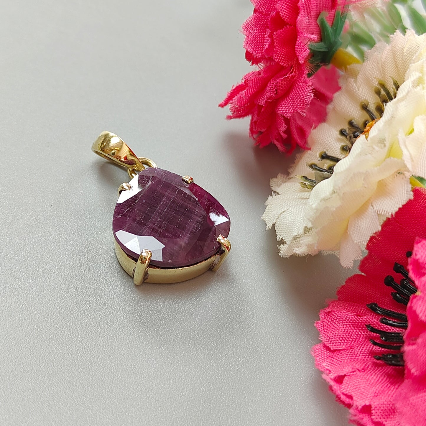 Red Ruby Faceted Cut Pendant: 7.85gms Natural Untreated Ruby Heart Shape Faceted Brass Prong Set Pendant 1.25"