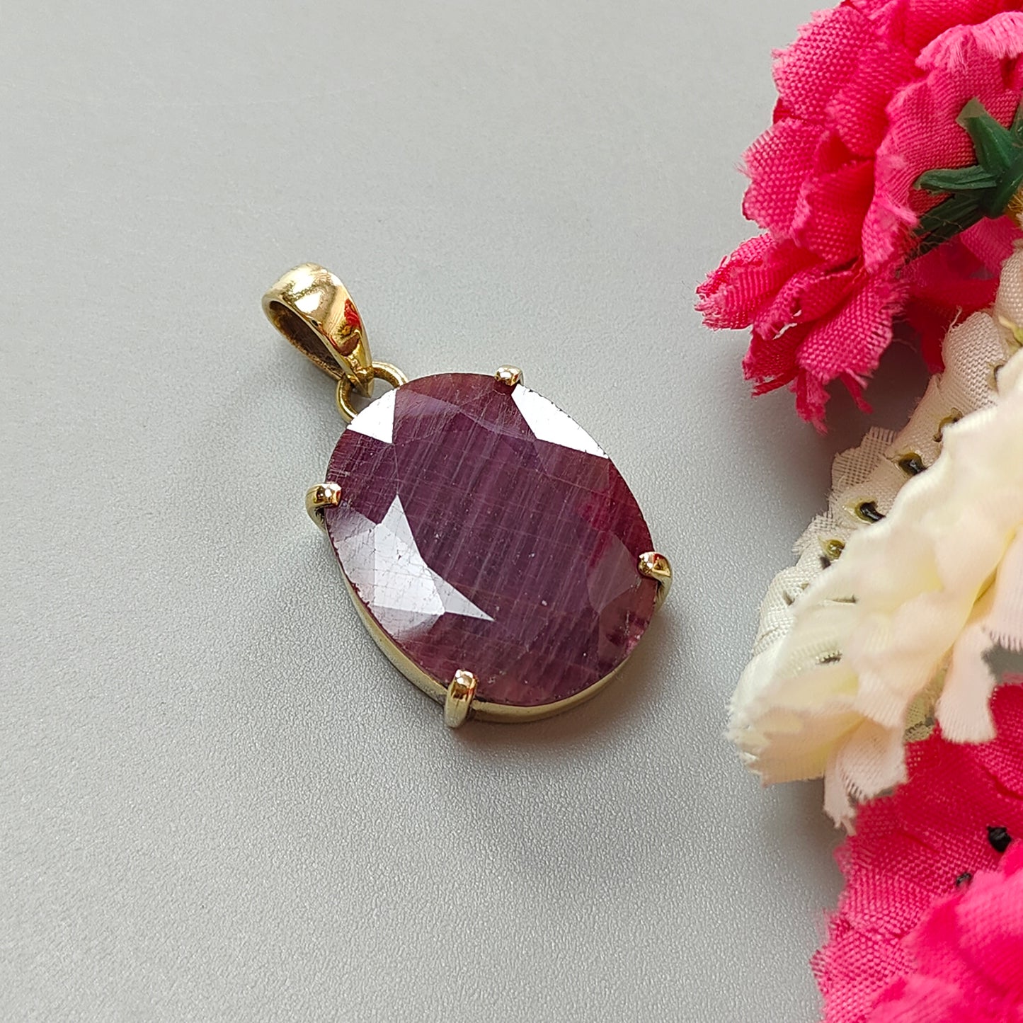 Red Ruby Faceted Cut Pendant: 10.34gms Natural Untreated Ruby Oval Shape Faceted Brass Prong Set Pendant 1.5"