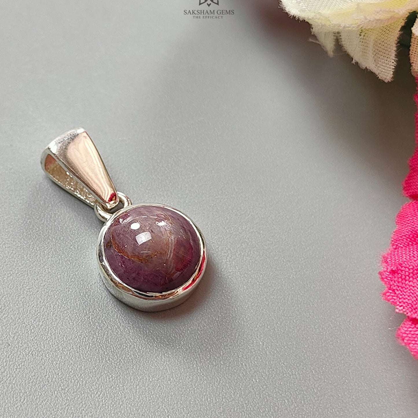 Star Ruby Silver Pendant: 3.58gms Natural Untreated Star Ruby Round Shape Cabochon 925 Sterling Silver Bezel Set Pendant 1"