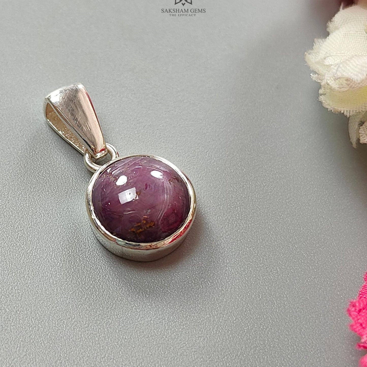 Star Ruby Silver Pendant: 4.24gms Natural Untreated Star Ruby Round Shape Cabochon 925 Sterling Silver Bezel Set Pendant 1"