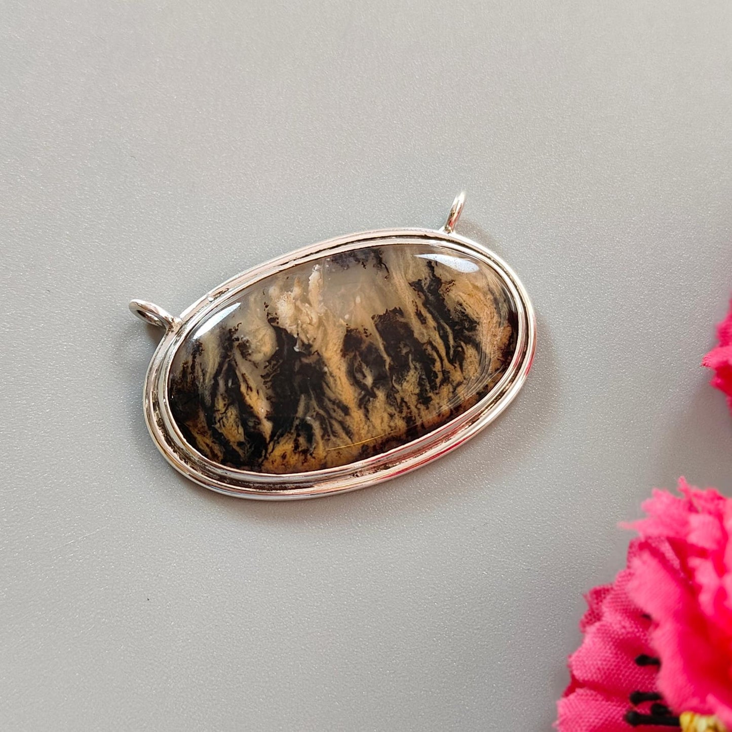 Tiger Dendrite Agate Plain Silver Pendant: 11.24gms Natural Untreated Bi-Color Agate Oval 925 Sterling Silver Bezel Set Pendant 1.80"
