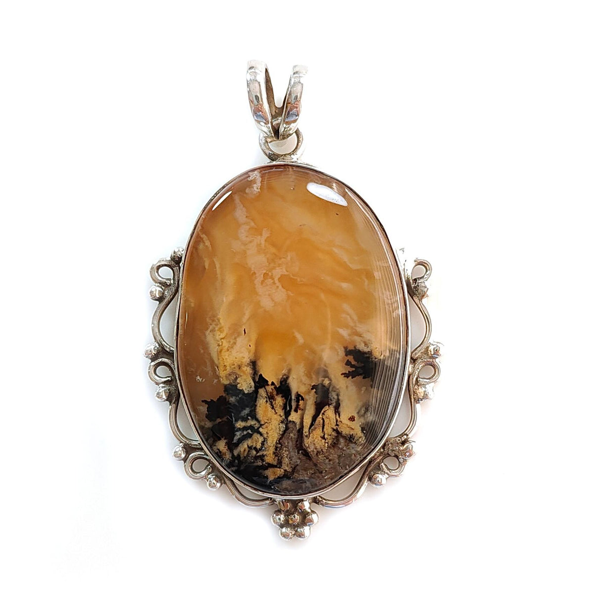 13.32gms Natural Tiger Dendrite Agate Plain 925 Sterling Silver Bezel Set Pendant 2.00"