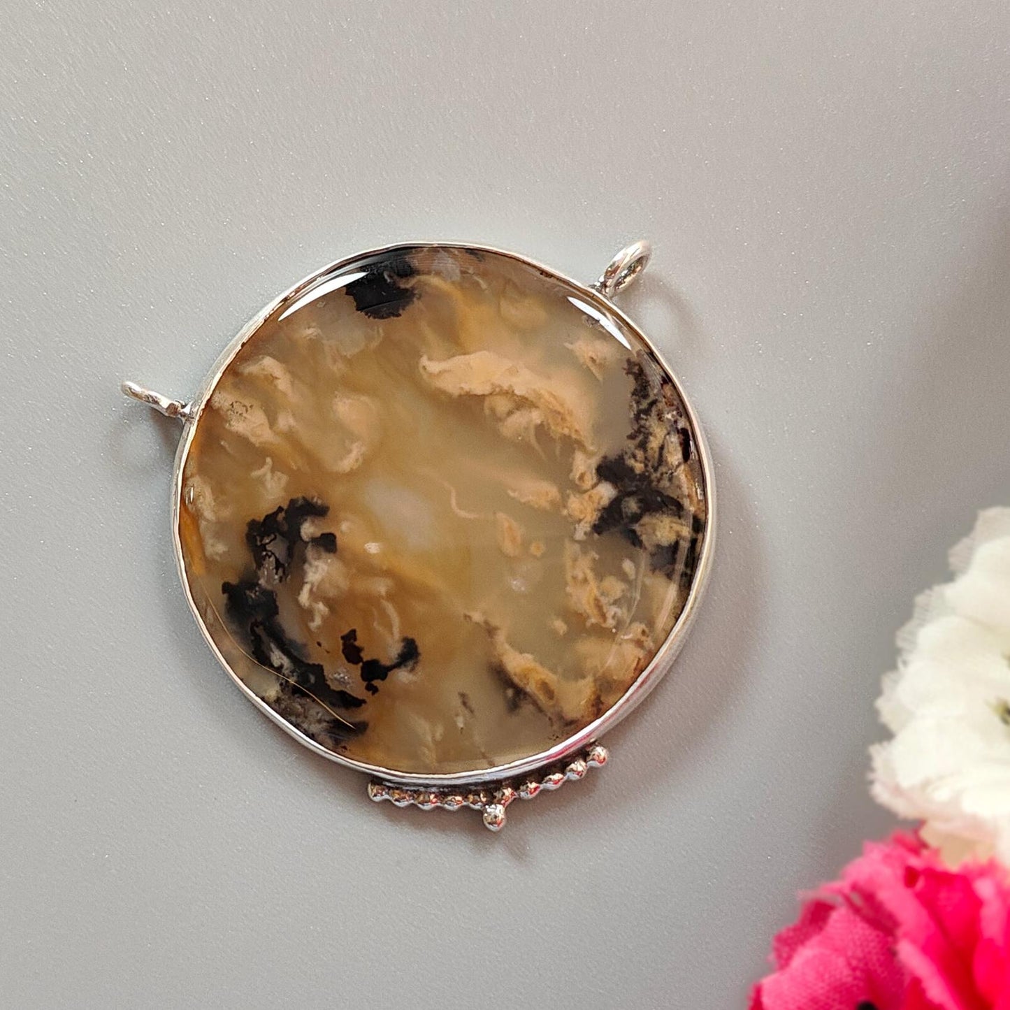 Tiger Dendrite Agate Plain Silver Pendant: 13.57gms Natural Untreated Bi-Color Agate Round 925 Sterling Silver Bezel Set Pendant 1.80"
