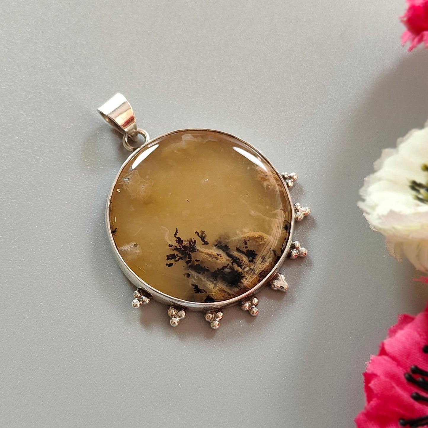 Tiger Dendrite Agate Plain Silver Pendant: 14.56gms Natural Untreated Bi-Color Agate Round 925 Sterling Silver Bezel Set Pendant 2.00"