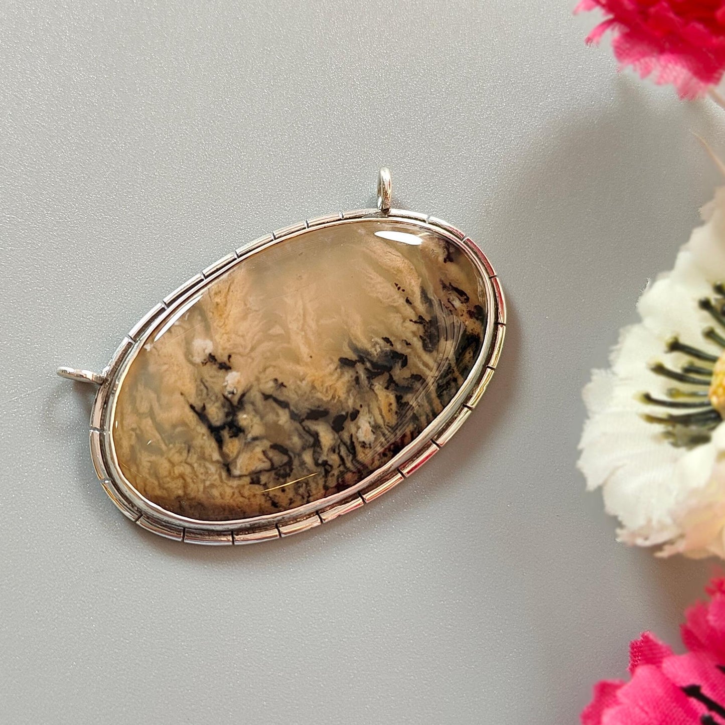Tiger Dendrite Agate Plain Silver Pendant: 14.61gms Natural Untreated Bi-Color Agate Oval 925 Sterling Silver Bezel Set Pendant 2.00"