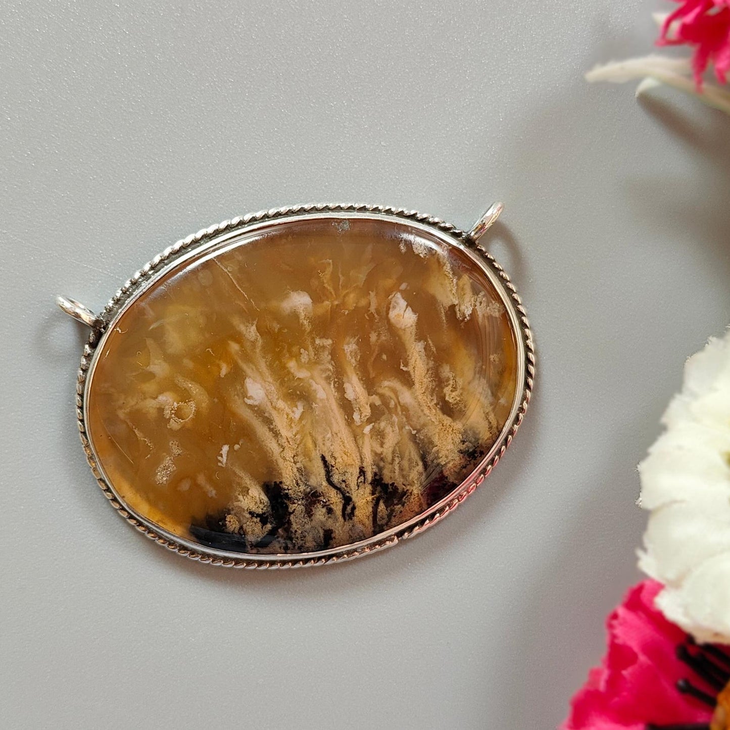 Tiger Dendrite Agate Plain Silver Pendant:15.42gms Natural Untreated Bi-Color Agate Oval 925 Sterling Silver Bezel Set Pendant 2.00"