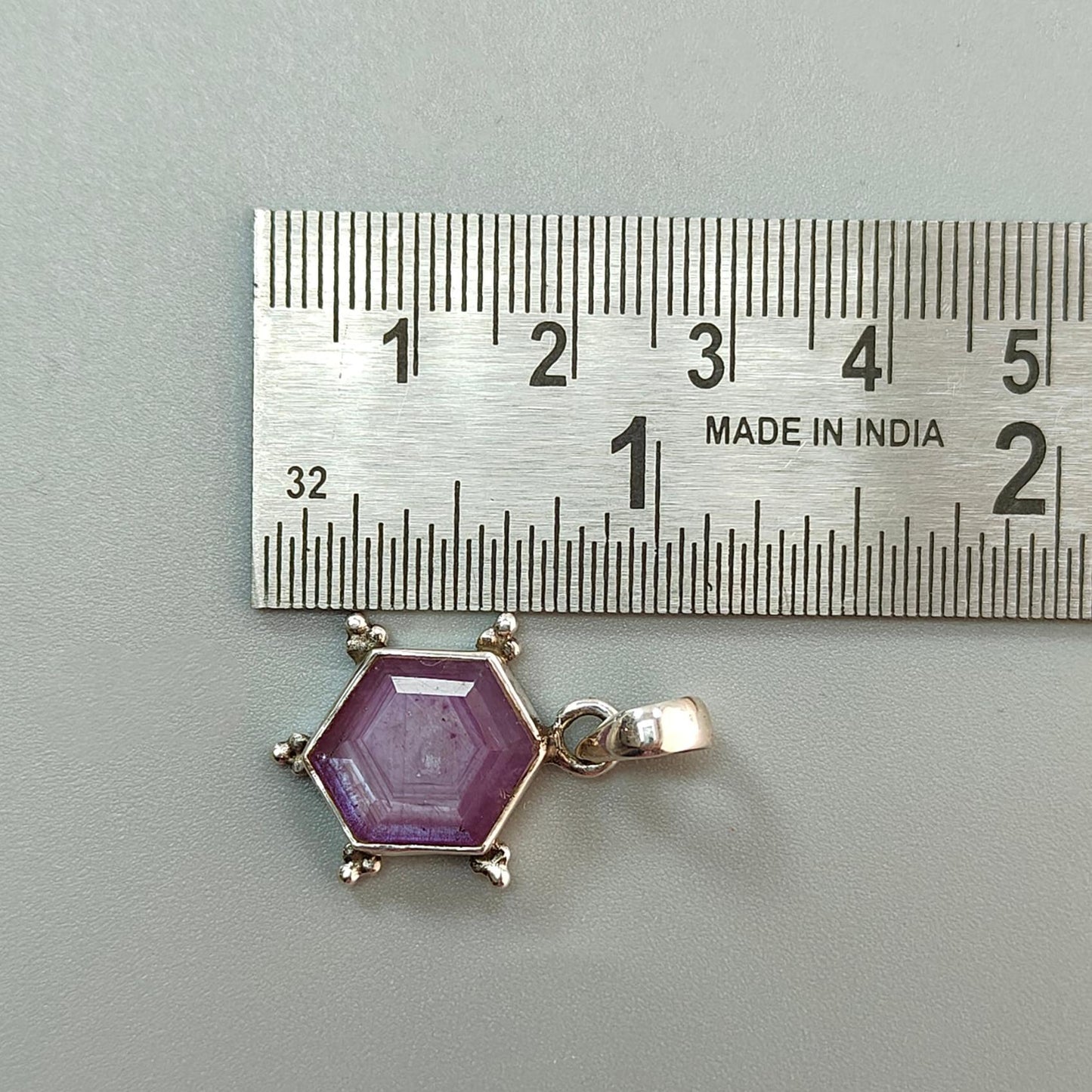 Raspberry Purple Ruby Faceted Silver Pendant: Natural Untreated Sheen Ruby Hexagon Normal Cut 925 Sterling Silver Bezel Set Pendant