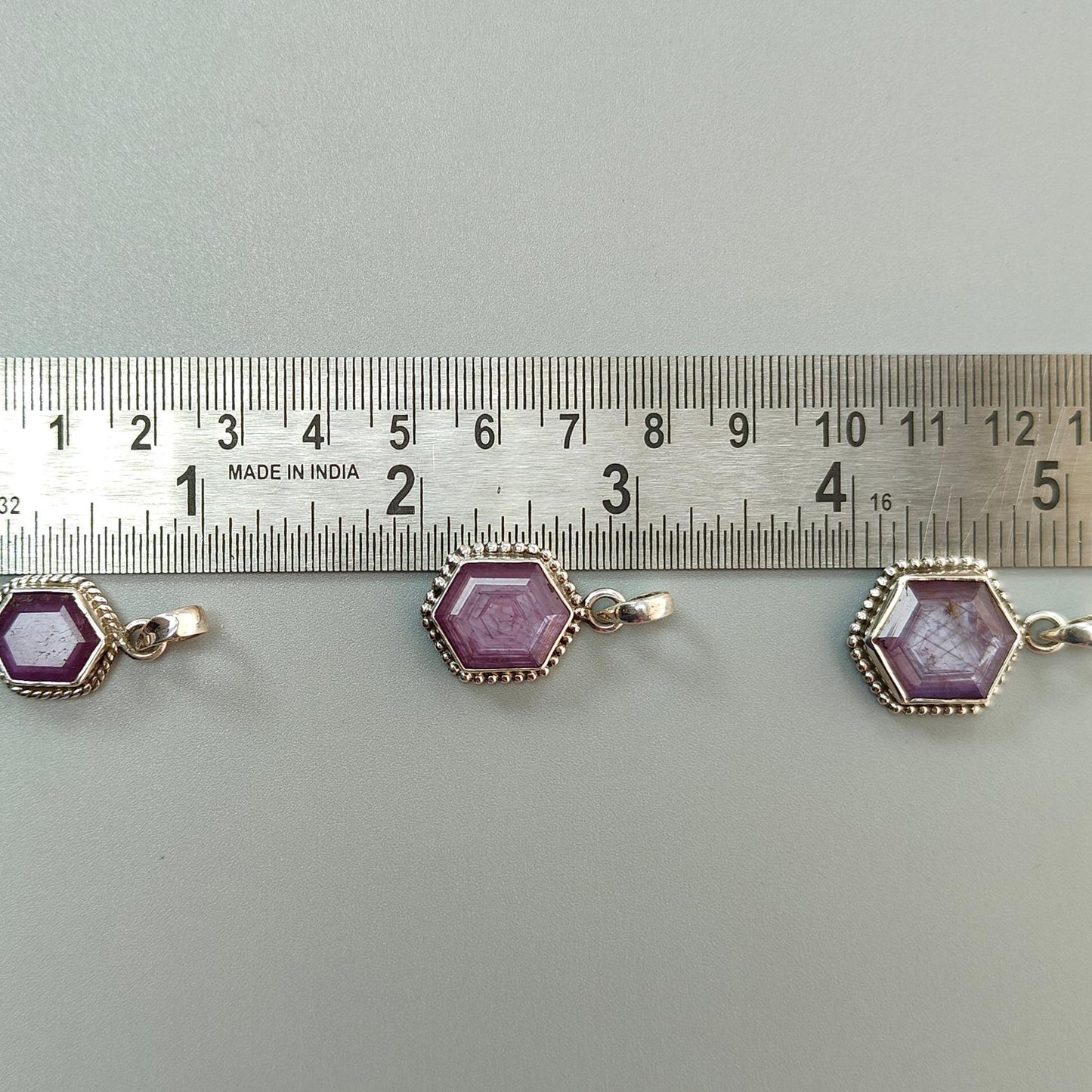 Raspberry Purple Ruby Faceted Silver Pendant: Natural Untreated Sheen Ruby Hexagon Normal Cut 925 Sterling Silver Bezel Set Pendant