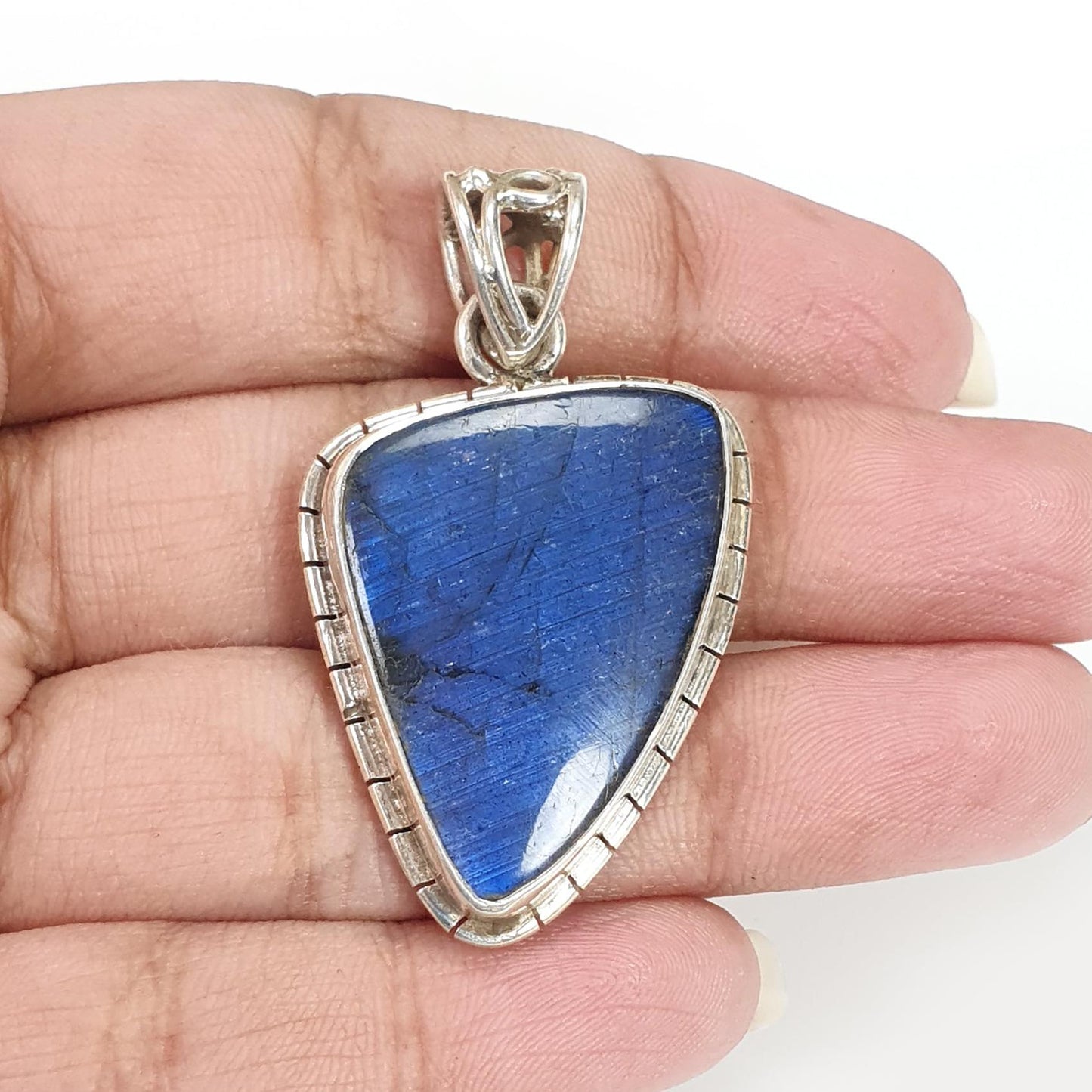 Blue Labradorite Plain Silver Pendant: 10.51gms Natural Untreated Labradorite Fancy Shape 925 Sterling Silver Bezel Set Pendant 1.75"