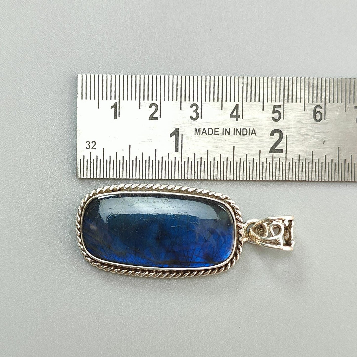 Blue Labradorite Plain Silver Pendant: 15.03gms Natural Untreated Labradorite Baguette Shape 925 Sterling Silver Bezel Set Pendant 2.10"