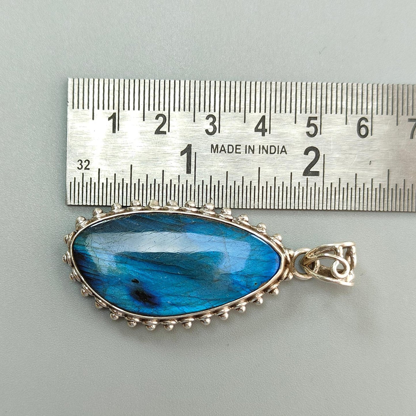 Blue Labradorite Plain Silver Pendant: 16.34gms Natural Untreated Labradorite Fancy Shape 925 Sterling Silver Bezel Set Pendant 2.30"