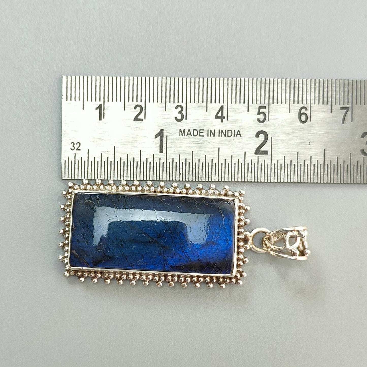 Blue Labradorite Plain Silver Pendant: 18.46gms Natural Untreated Labradorite Baguette Shape 925 Sterling Silver Bezel Set Pendant 2.30"