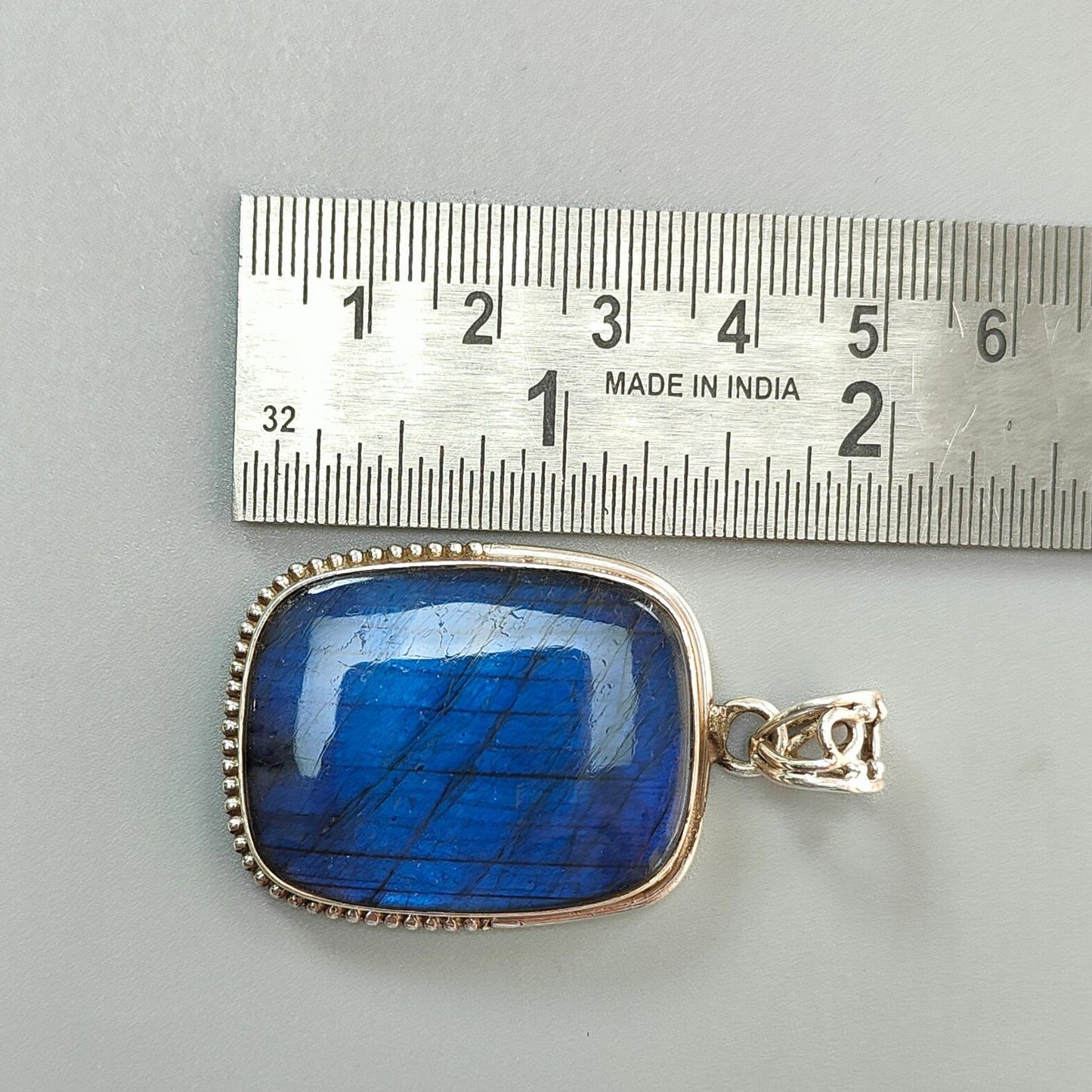 Blue Labradorite Plain Silver Pendant: 19.26gms Natural Untreated Labradorite Cushion Shape 925 Sterling Silver Bezel Set Pendant 2"