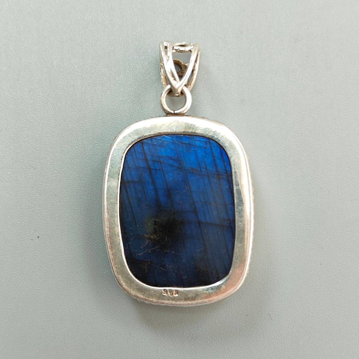 Blue Labradorite Plain Silver Pendant: 19.58gms Natural Untreated Labradorite Cushion Shape 925 Sterling Silver Bezel Set Pendant 2"
