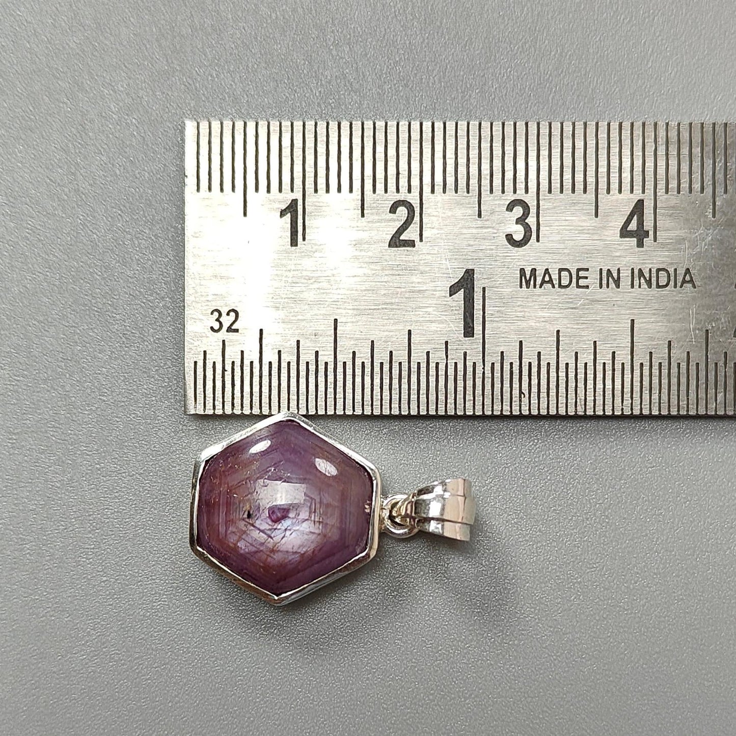 Star Ruby Silver Pendant: 4.51gms Natural Untreated Star Ruby Hexagon Shape Cabochon 925 Sterling Silver Bezel Set Pendant 1"