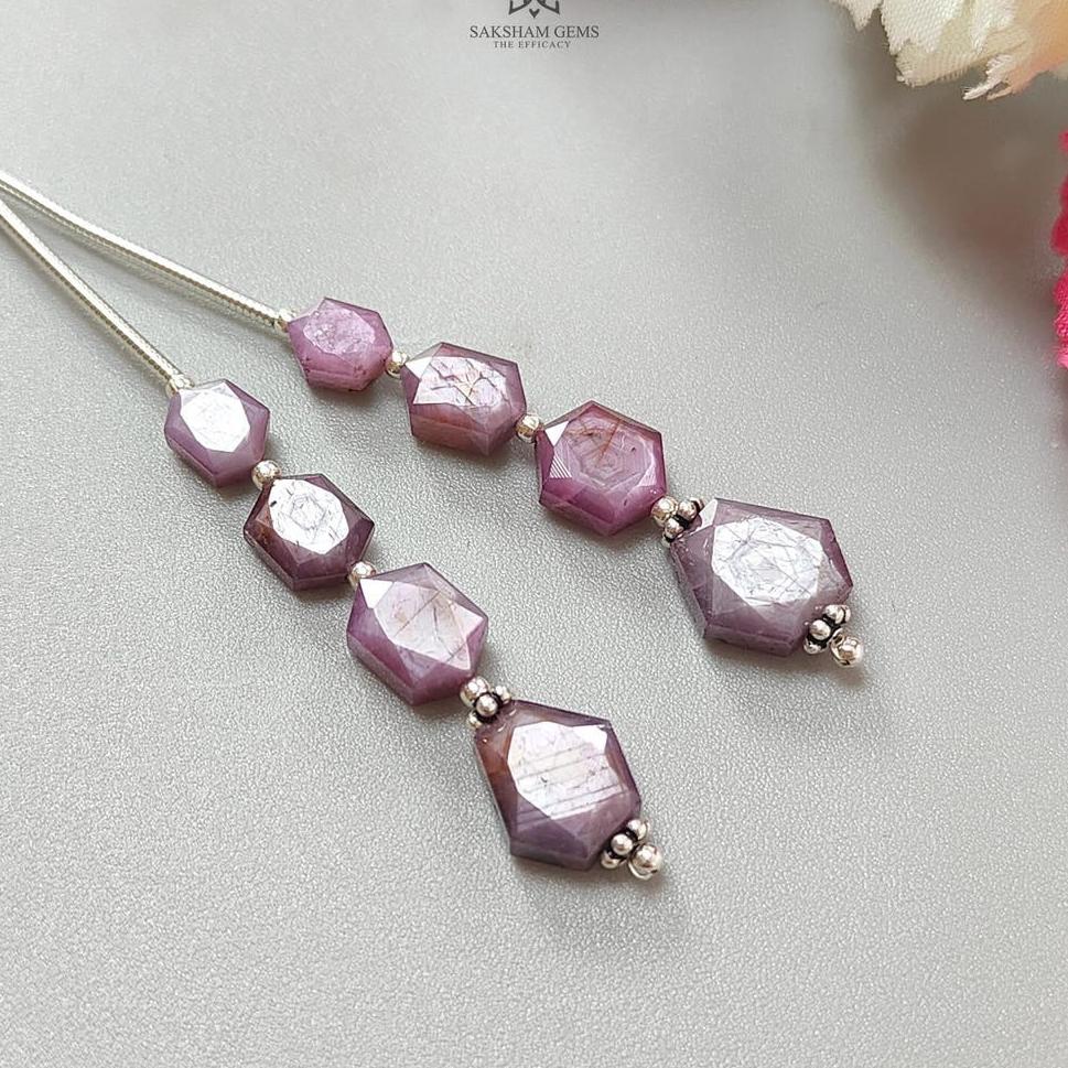 Raspberry Pink Sapphire Both Side Faceted Loose Beads: 21.40cts Natural Sapphire Hexagon Fancy Cut 925 Sterling Silver 6*5mm - 9*7mm