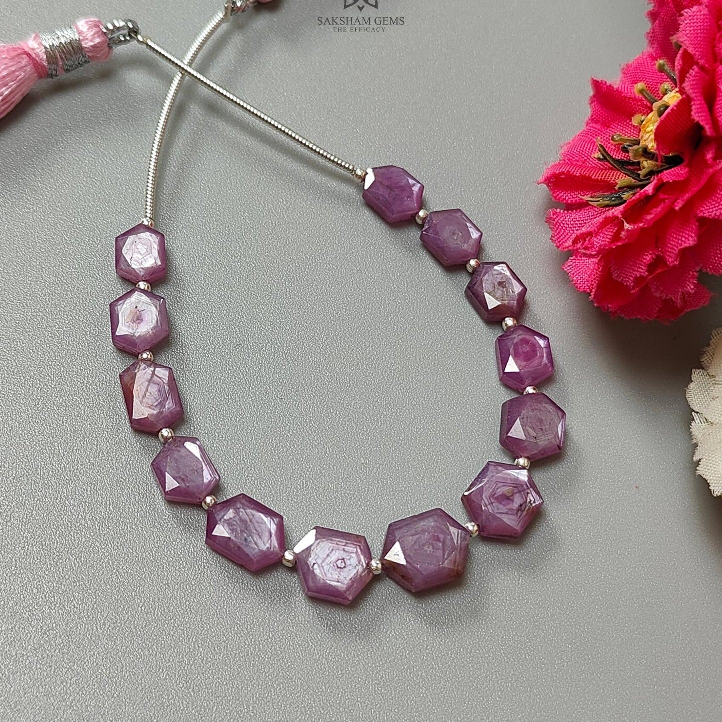 Raspberry Pink Sapphire Faceted Loose Beads: Natural Sapphire Hexagon Both Side Faceted Cut Shape 925 Sterling Silver Beads