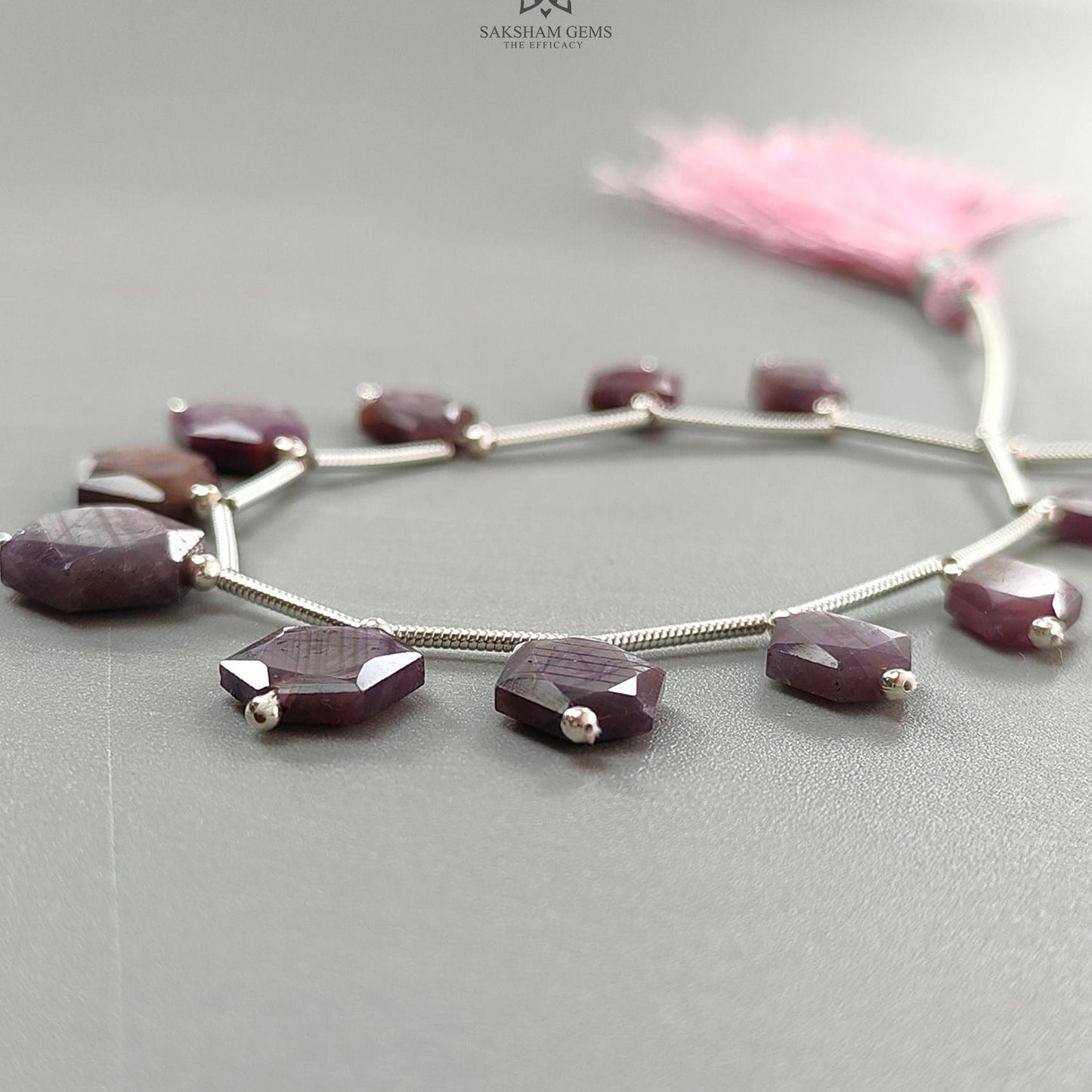 Raspberry Pink Sapphire Faceted Loose Beads: 33.70cts Natural Sapphire Both Side Faceted Hexagon 925 Sterling Silver Beads 7*5mm - 10*9mm