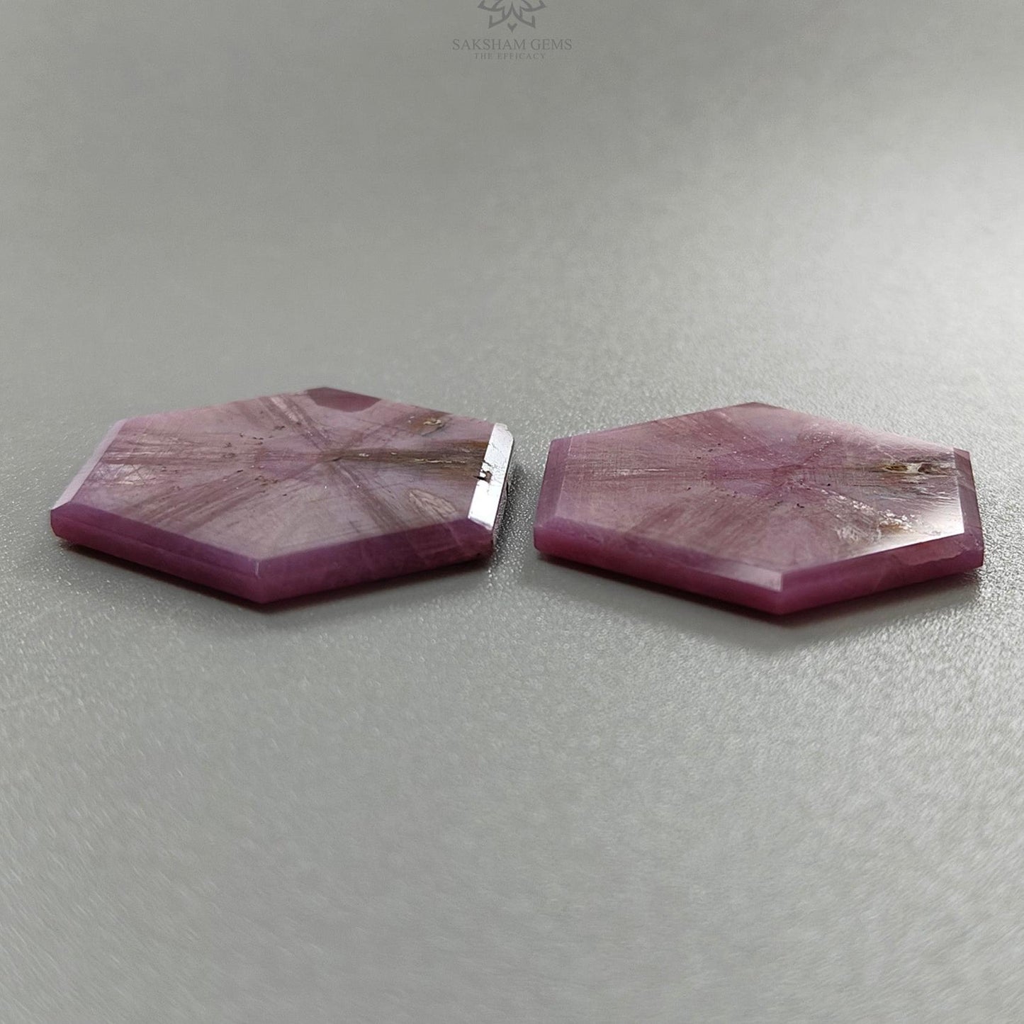Rosemary Pink Sapphire Gemstone Flat Slices Trapiche : 56.60cts Natural Untreated Unheated Sheen Sapphire Hexagon Shape 30*27mm Pair