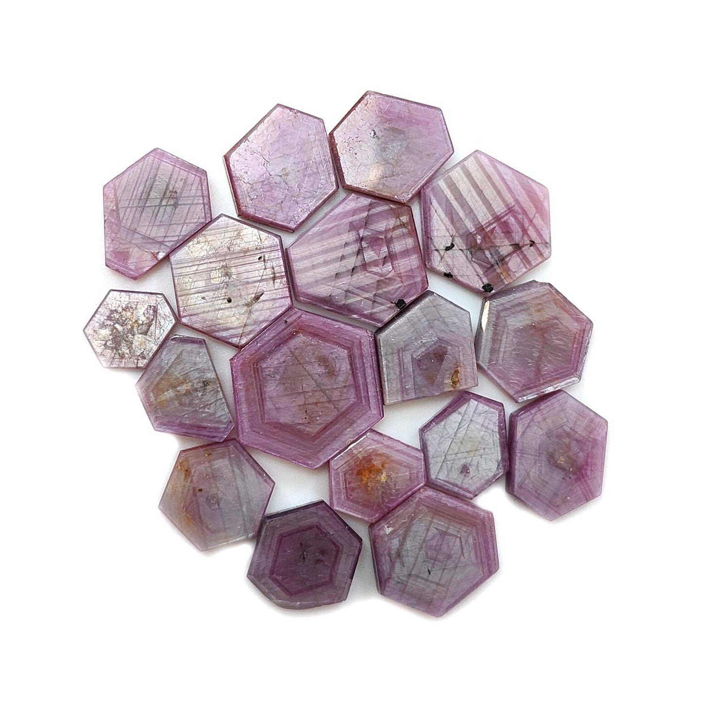 Rosemary Pink Sapphire Gemstone Flat Slices: 115.50cts Natural Untreated Sheen Sapphire Hexagon Shape 10*8mm - 19*16mm 17pcs Lot for Jewelry