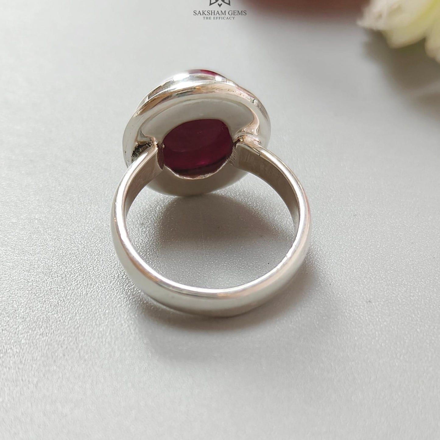 Red Ruby Silver Ring: 6.72gms. Natural Ruby Untreated Cabochon Oval Shape 925 Sterling Silver Bezel Set Ring 6 US