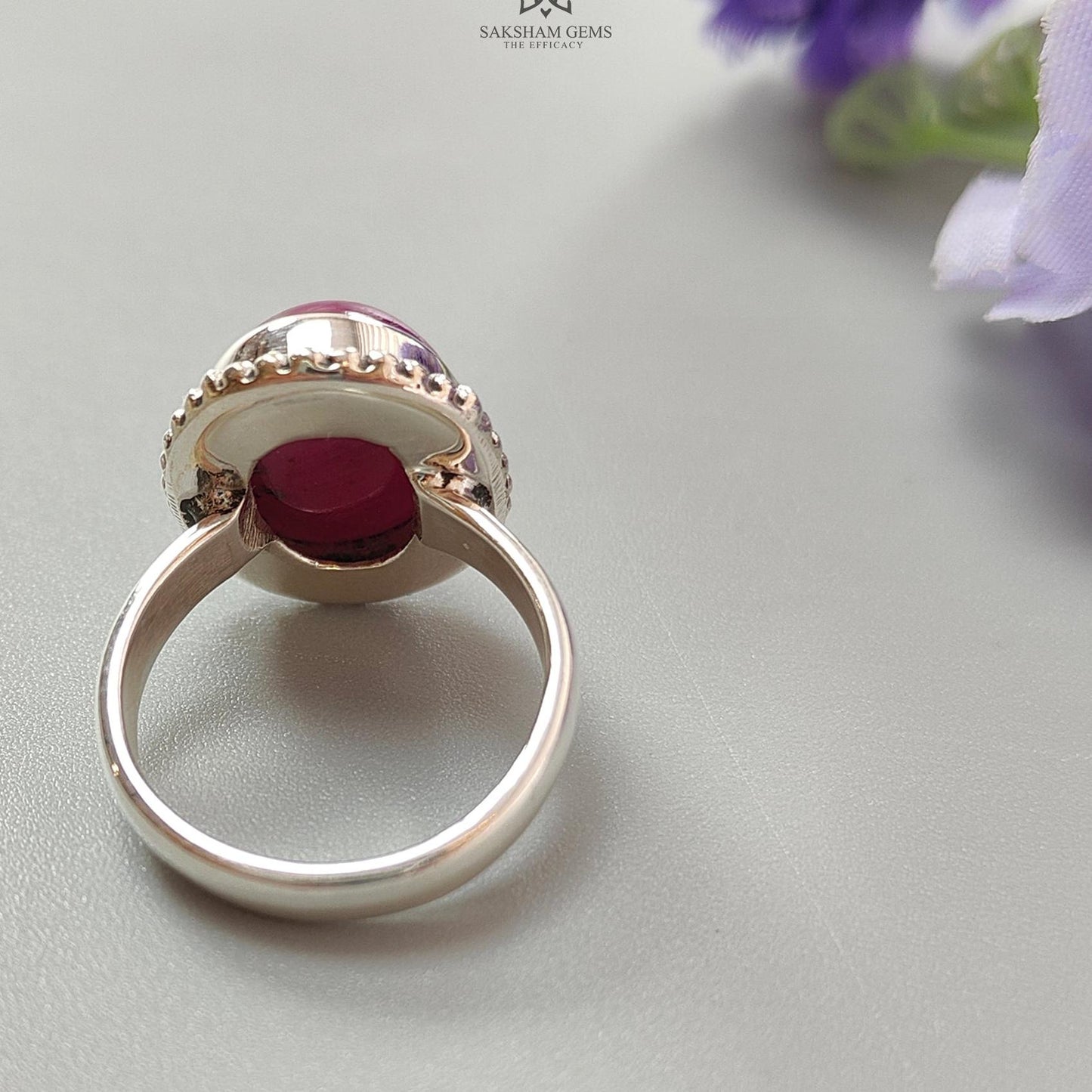 Red Ruby Silver Ring: 8.2gms. Natural Ruby Untreated Cabochon Oval Shape 925 Sterling Silver Bezel Set Ring 7.5 US