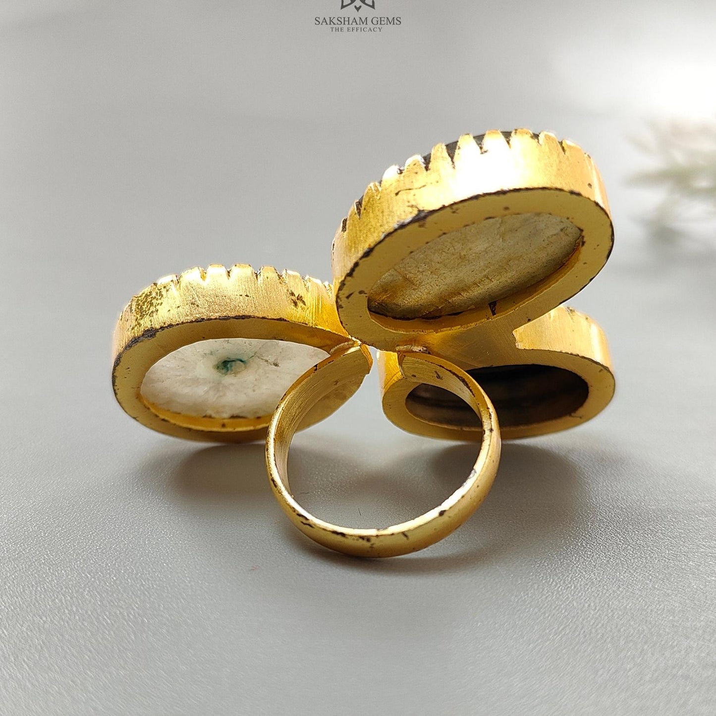 Handmade Cocktail Ring: 19.22gms Gold Plated Natural Multi Color Gemstone Boho Style Dainty Oval Shape Adjustable Ring Gift For Her