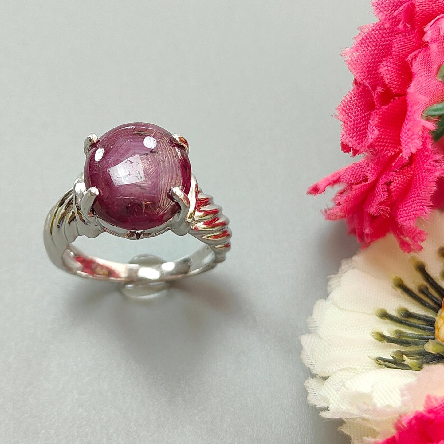 Star Ruby Silver Ring: 7.98gms Natural Untreated Star Ruby Oval Shape Cabochon 925 Sterling Silver Prong Set 8 US Ring | July Birthstone