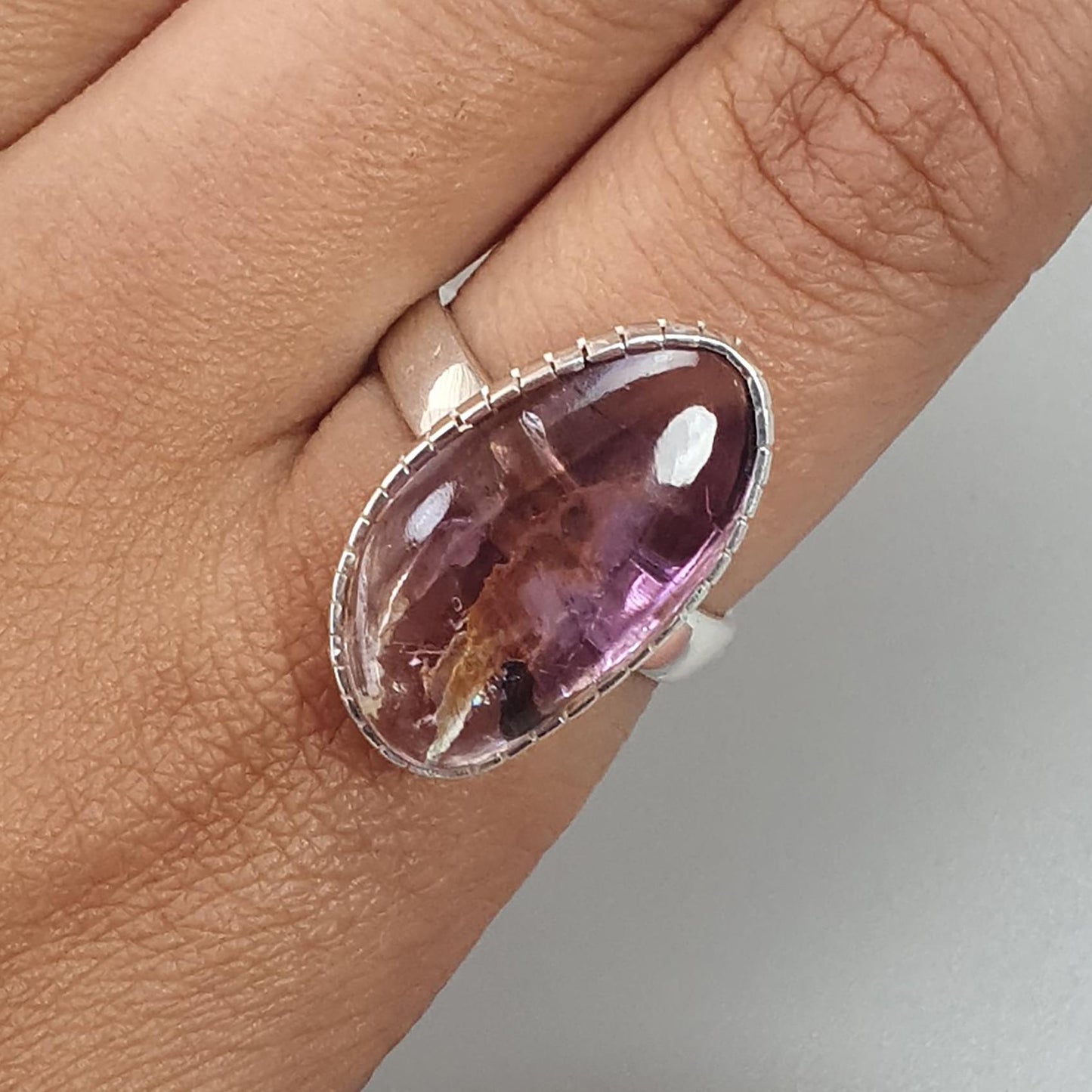 Amethyst Plain Silver Ring: 5.84gms Natural Untreated Super Seven Amethyst Fancy Shape Plain 925 Sterling Silver Bezel Set Adjustable Ring