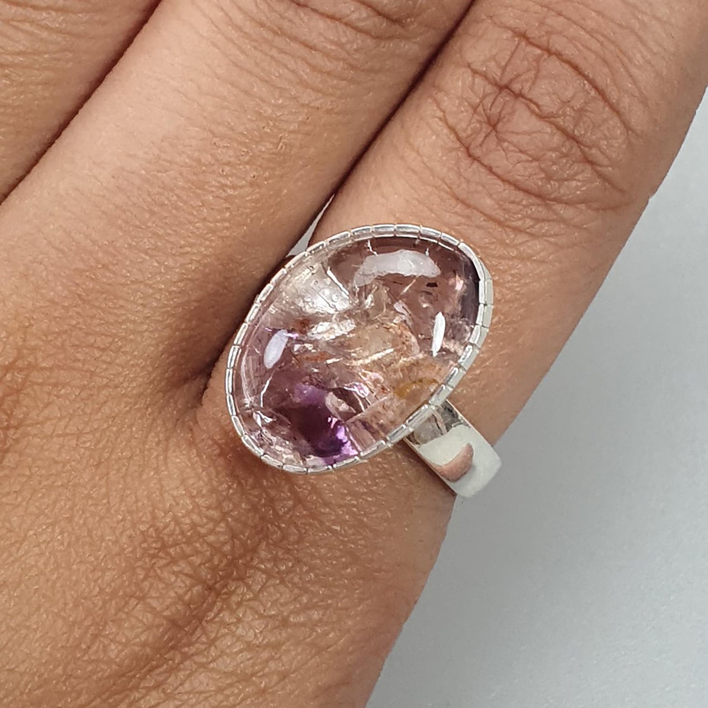 Amethyst Plain Silver Ring: 5.91gms Natural Untreated Super Seven Amethyst Fancy Shape Plain 925 Sterling Silver Bezel Set Adjustable Ring