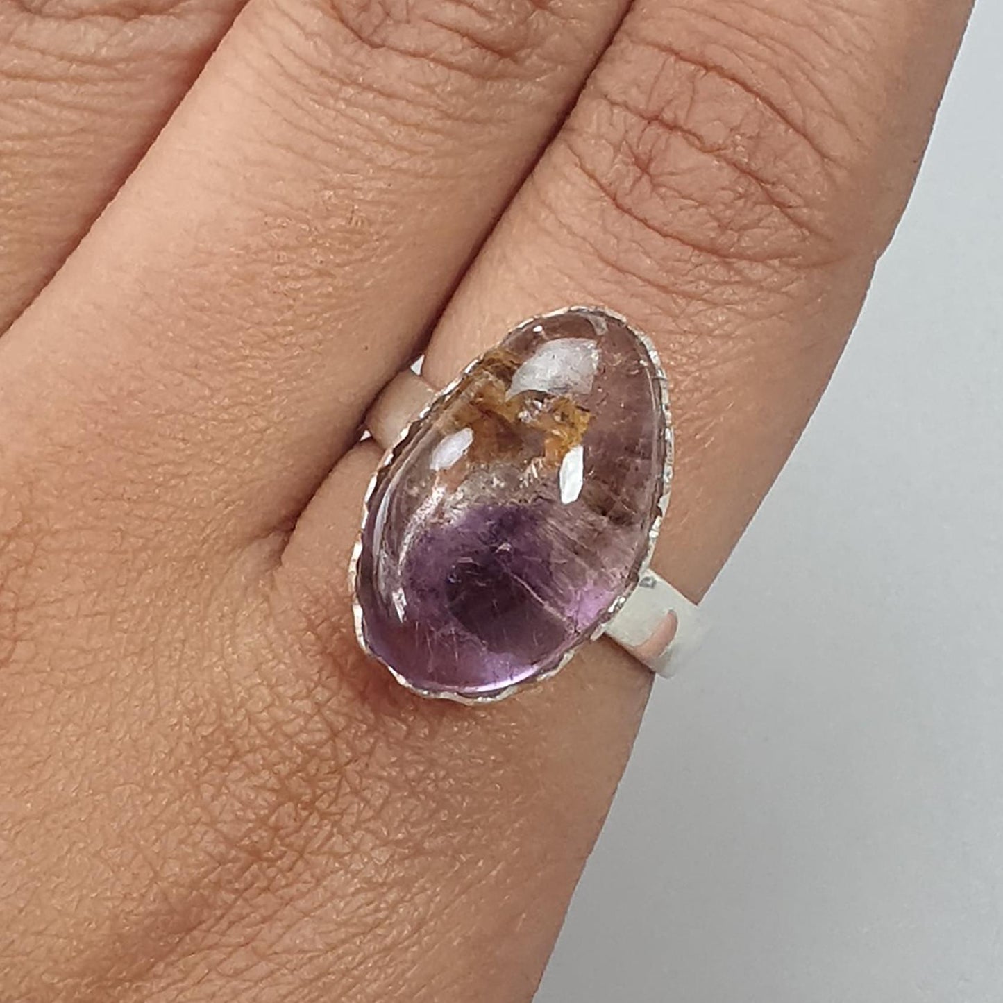 Amethyst Plain Silver Ring: 6.37gms Natural Untreated Super Seven Amethyst Fancy Shape Plain 925 Sterling Silver Bezel Set Adjustable Ring