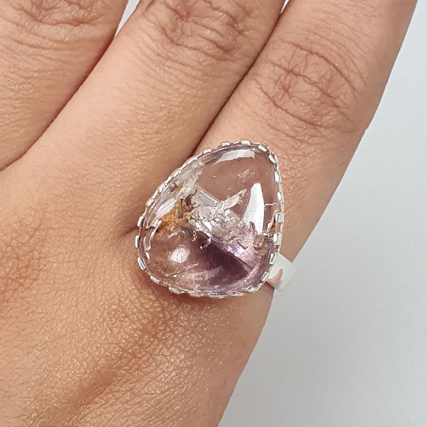 Amethyst Plain Silver Ring: 6.77gms Natural Untreated Super Seven Amethyst Fancy Shape Plain 925 Sterling Silver Bezel Set Adjustable Ring
