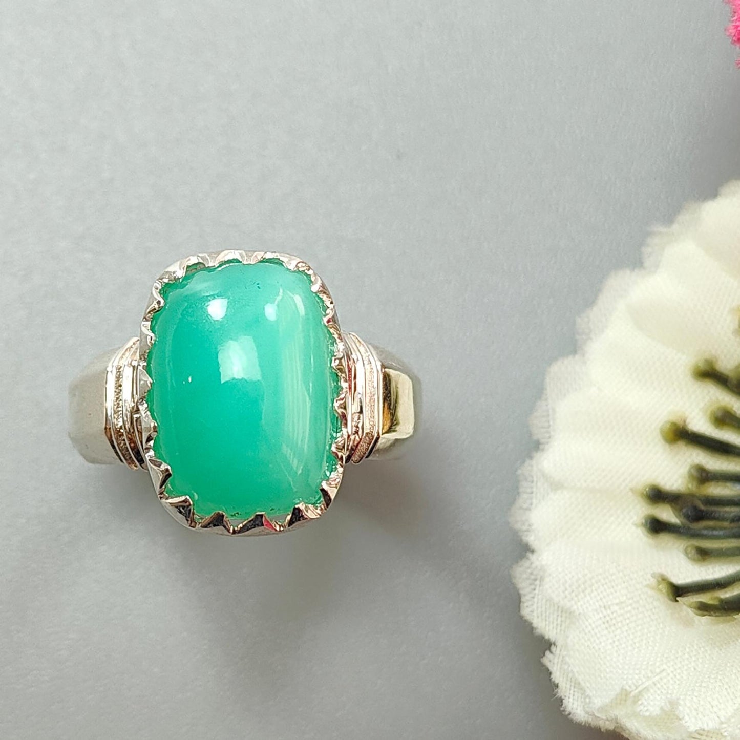 Green Chrysoprase Cabochon Silver Ring: 6.37gms Natural Untreated Chrysoprase Cushion Shape Plain 925 Sterling Silver Bezel Set Ring 7.5 US