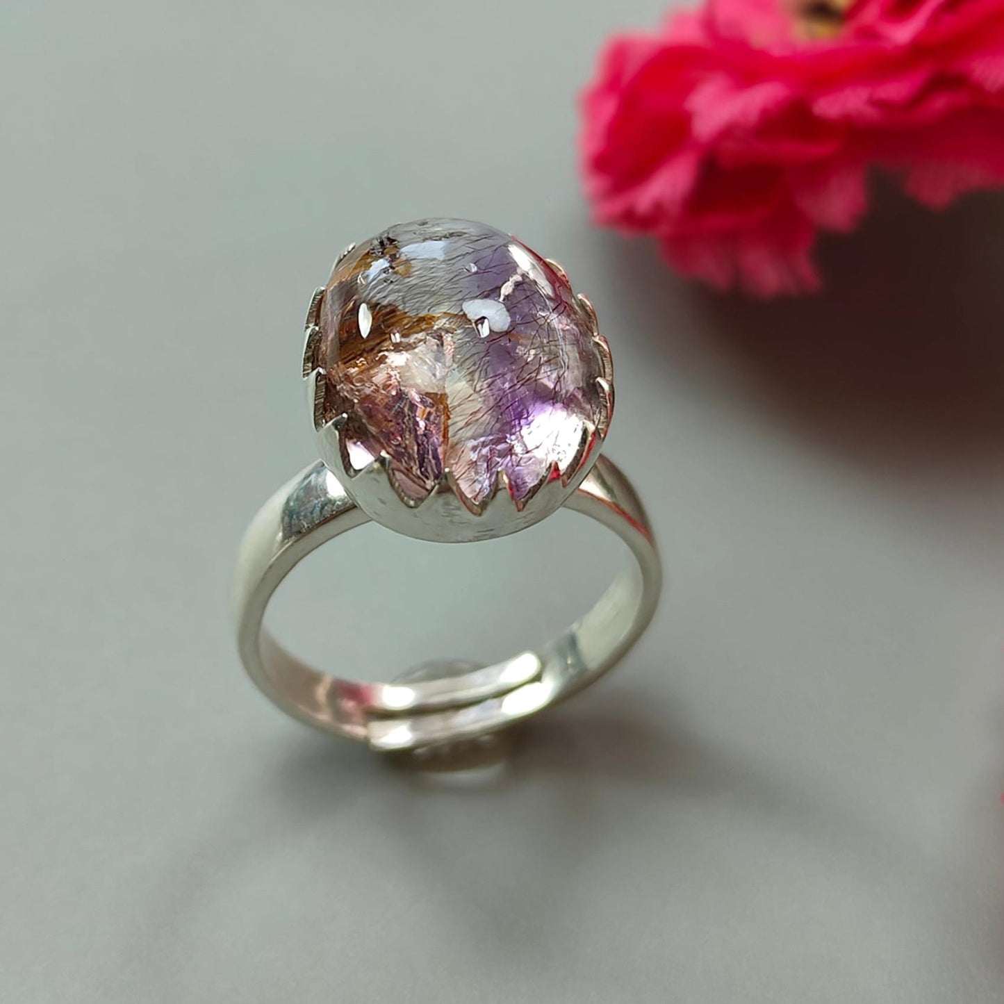 Amethyst Plain Silver Ring: 5.79gms Natural Untreated Super Seven Amethyst Oval Shape Plain 925 Sterling Silver Bezel Set Adjustable Ring