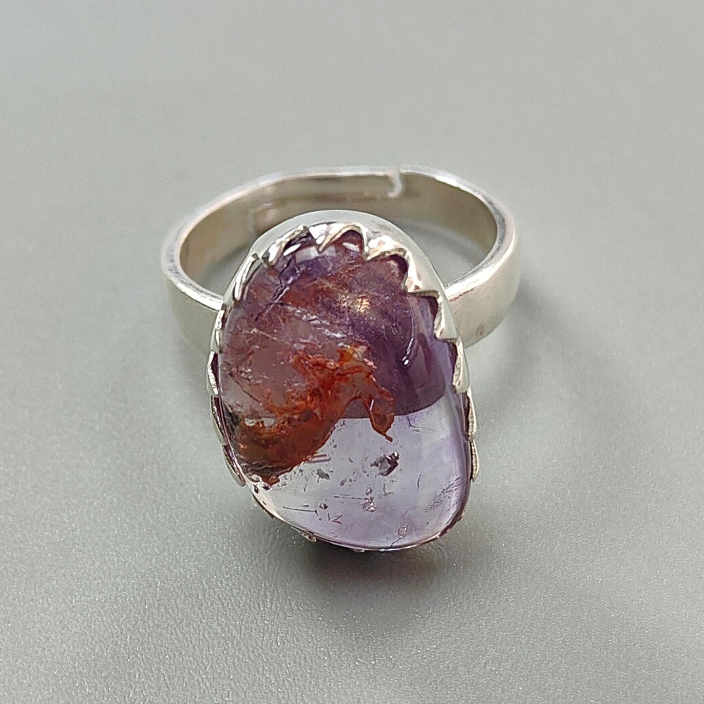 Amethyst Plain Silver Ring: 6.00gms Natural Untreated Super Seven Amethyst Fancy Shape Plain 925 Sterling Silver Bezel Set Adjustable Ring
