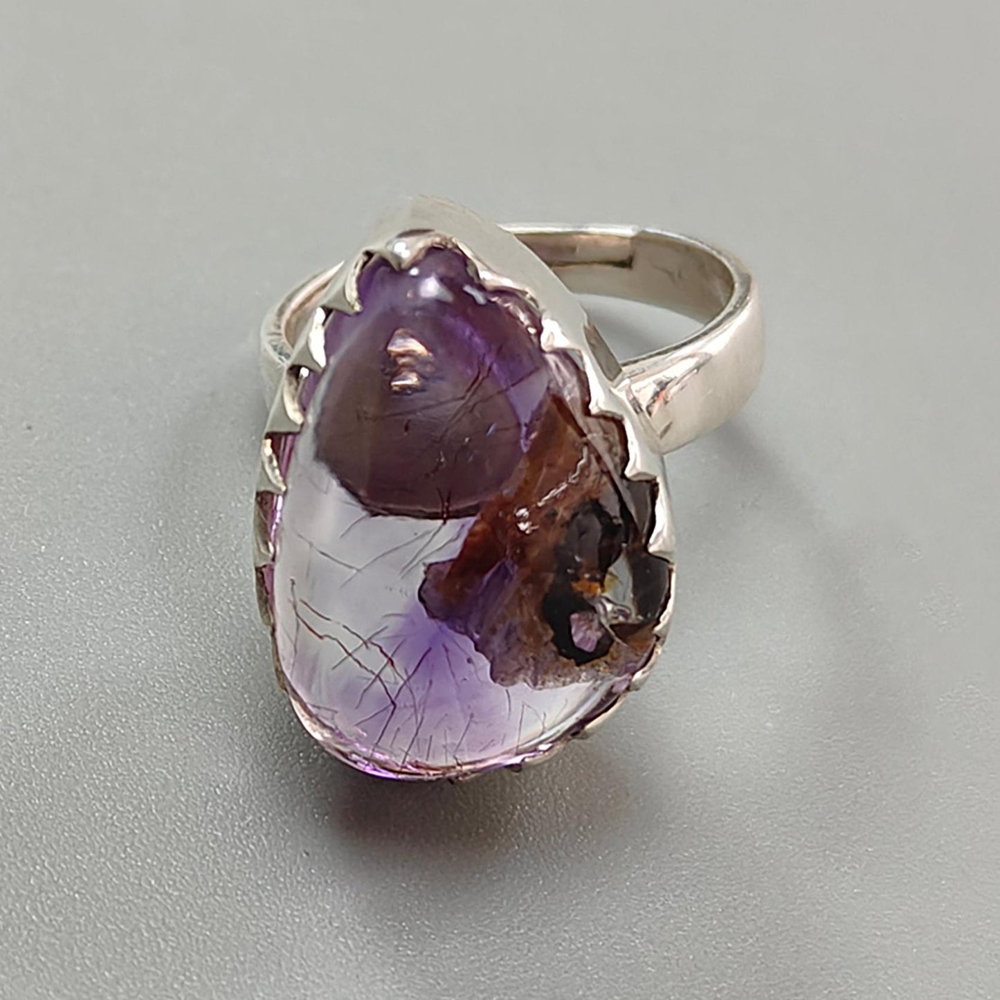 Amethyst Plain Silver Ring: 7.87gms Natural Untreated Super Seven Amethyst Pear Shape Plain 925 Sterling Silver Bezel Set Adjustable Ring