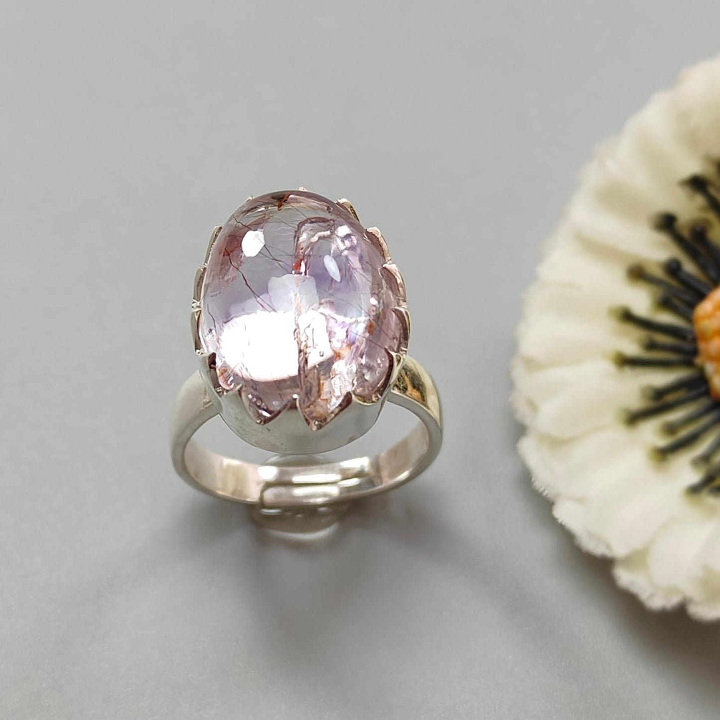 Amethyst Plain Silver Ring: 8.09gms Natural Untreated Super Seven Amethyst Oval Shape Plain 925 Sterling Silver Bezel Set Adjustable Ring