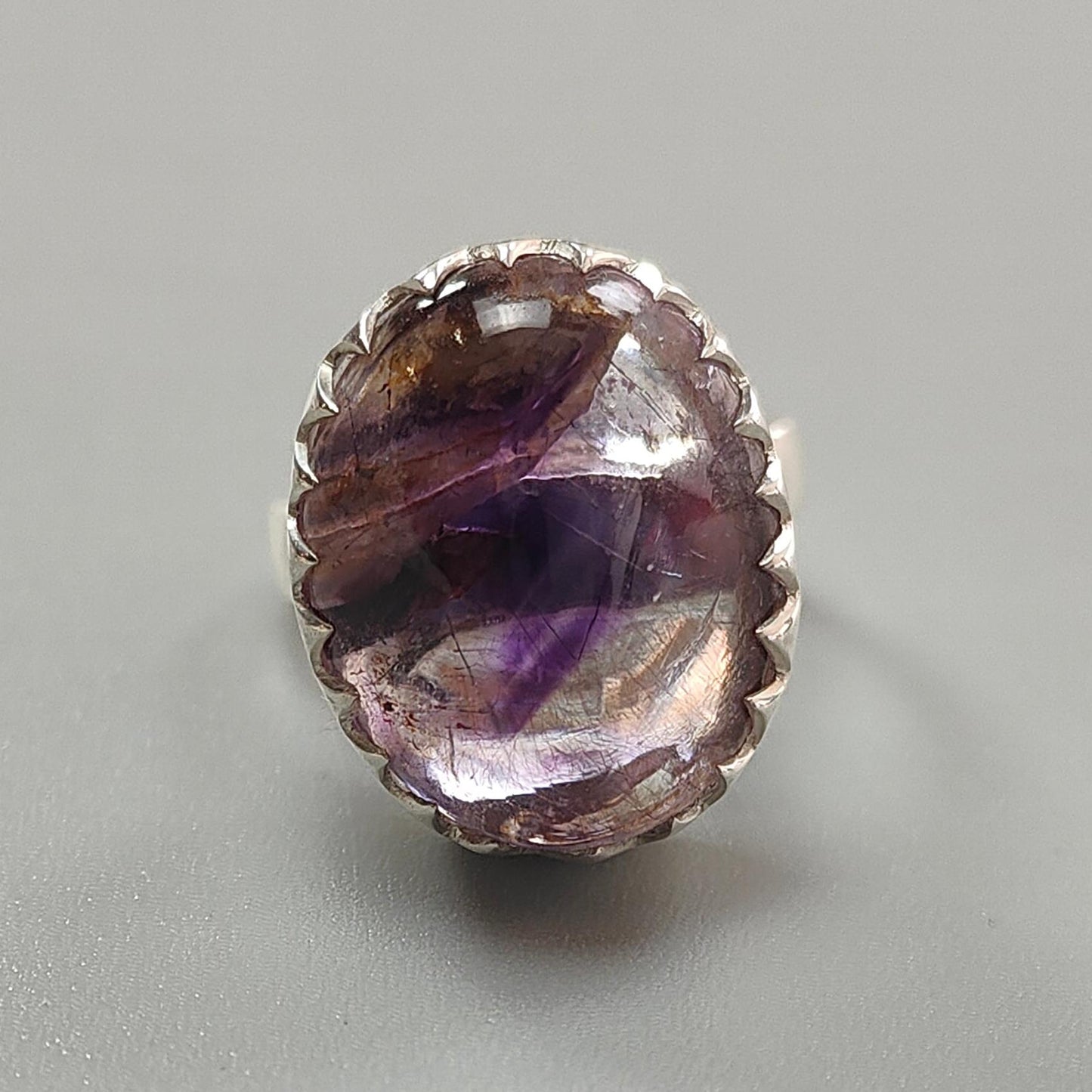 Amethyst Plain Silver Ring: 8.92gms Natural Untreated Super Seven Amethyst Oval Shape Plain 925 Sterling Silver Bezel Set Adjustable Ring